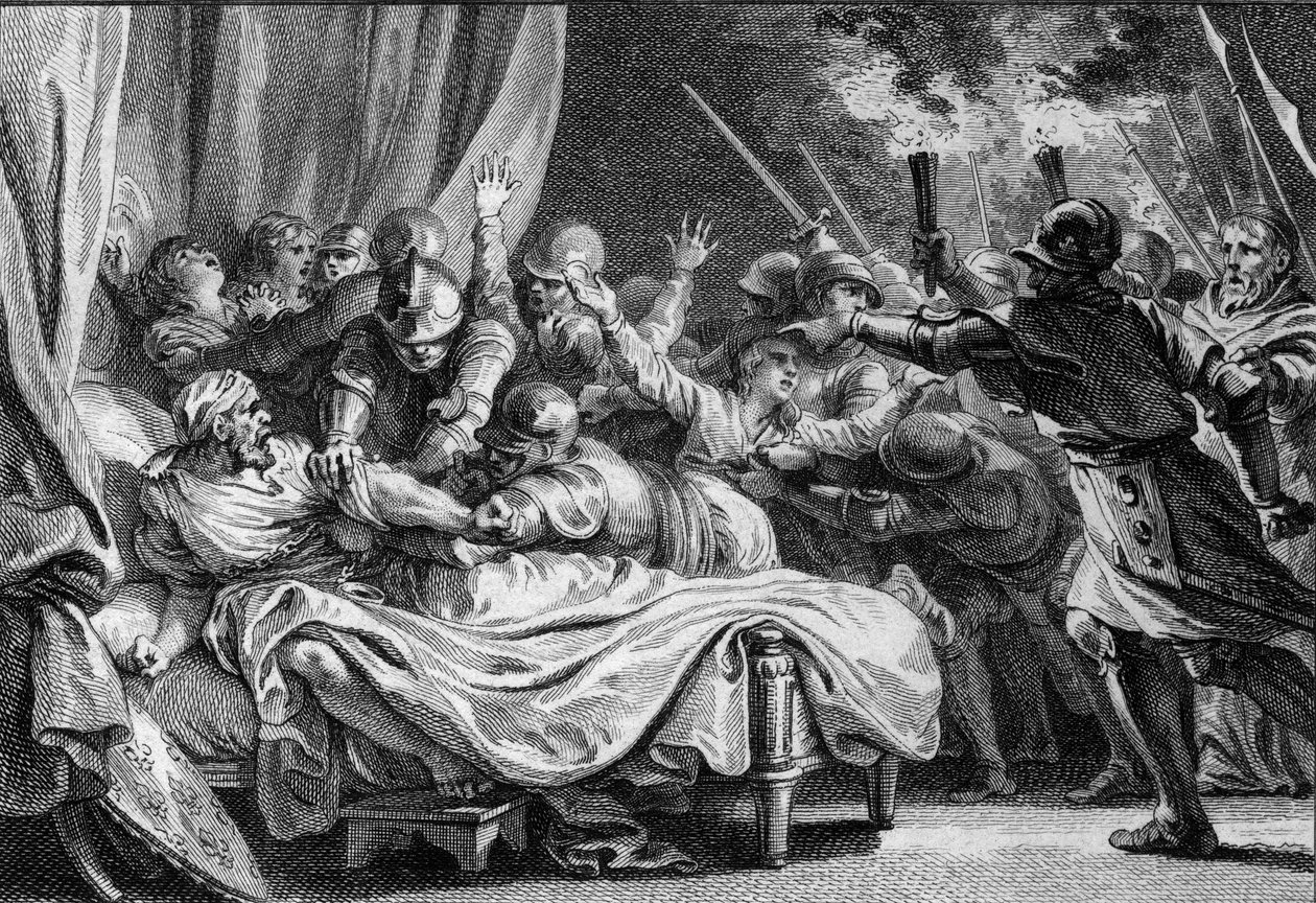 Fim da dinastia Carolíngia, 988: prisão de Carlos (953-991), Duque da Baixa Lorena, por Hugues Capet (941-996) e seu exército. Gravura de Jean Michel Moreau, dit Moreau le Jeune (1741- 1814) de Jean Michel the Younger Moreau