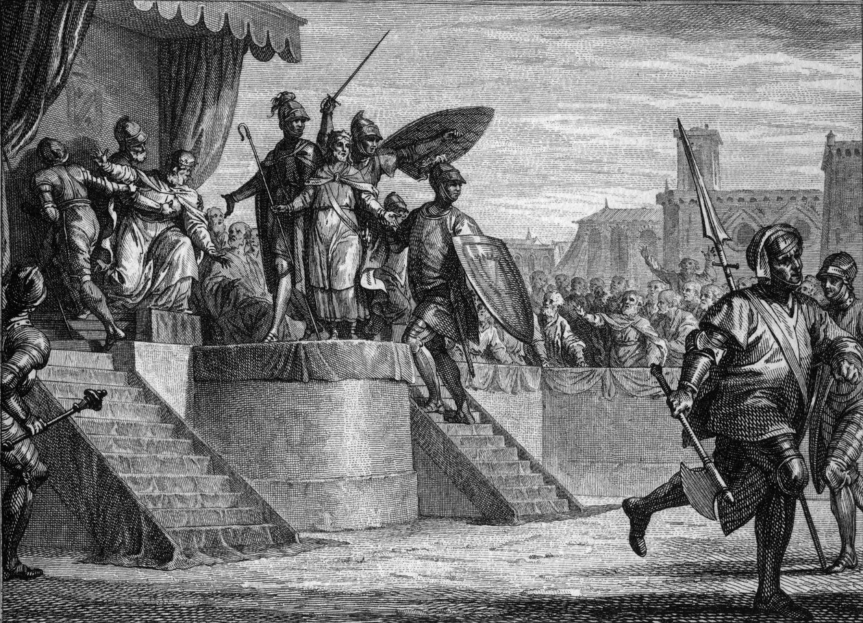 Fim da dinastia Merovingiana, 751: deposição do rei Childeric III (ca. 714-754) por Pepin the Brief (714-768). Gravura de Jean Michel Moreau, dit Moreau le Jeune (1741- 1814) de Jean Michel the Younger Moreau