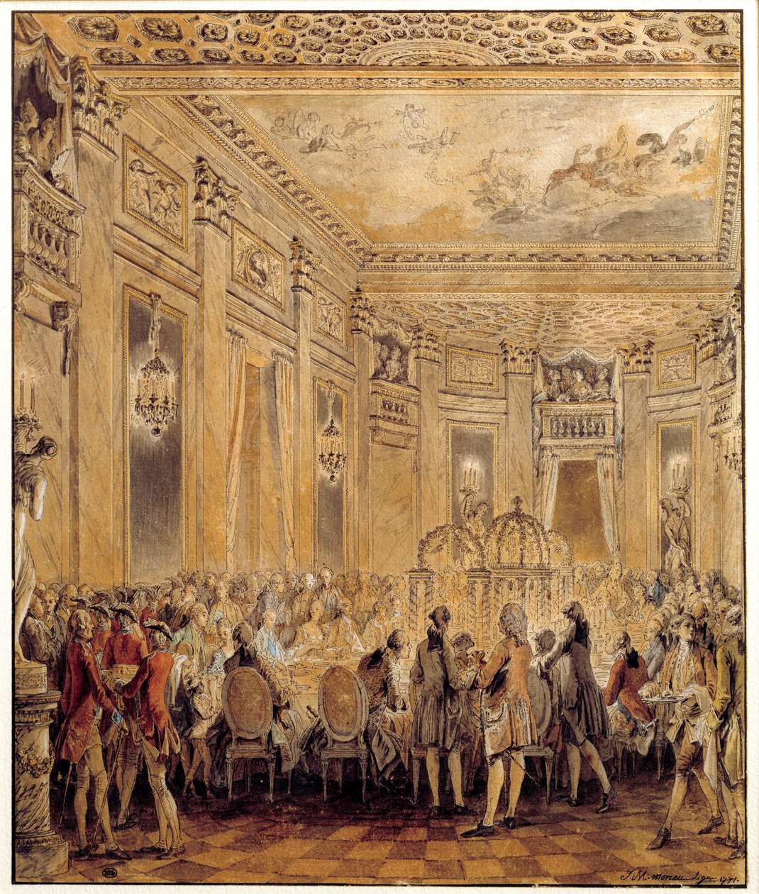 Festa dada por Jeanne Becu, Condessa (ou Madame) de Barry (1743-1793), amante de Luís XV, no castelo de Louveciennes em 2/09/1771 Aguarela de Jean Michel Moreau le Jeune (1741-1814). Sol 0,31x0,26 m Paris, musee du Louvre de Jean Michel the Younger Moreau