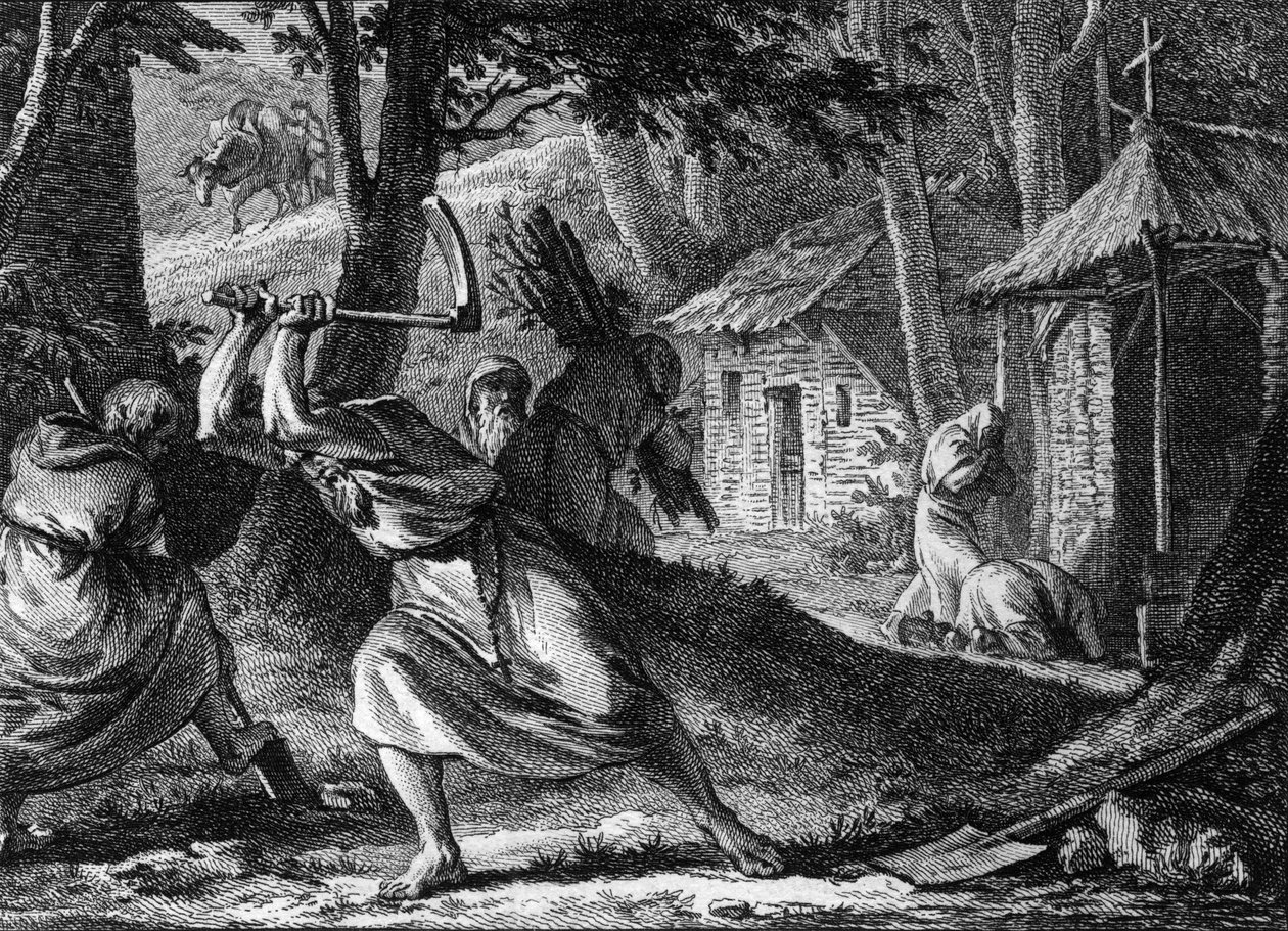 Hermitas que vivem em uma comunidade em uma floresta francesa, no final do século 11 - início do século 12. Gravura de Jean Michel Moreau, dit Moreau le Jeune (1741- 1814) de Jean Michel the Younger Moreau