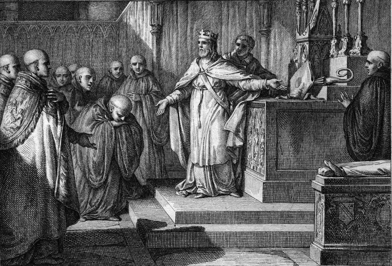 Hugues Capet (941-996) restabeleceu as eleições canónicas: o rei dos Francos permitiu aos monges elegerem os seus abades, colocando sobre um altar uma cruz e uma mitra. Gravura de Jean Michel Moreau, dit Moreau le Jeune (1741- 1814) de Jean Michel the Younger Moreau