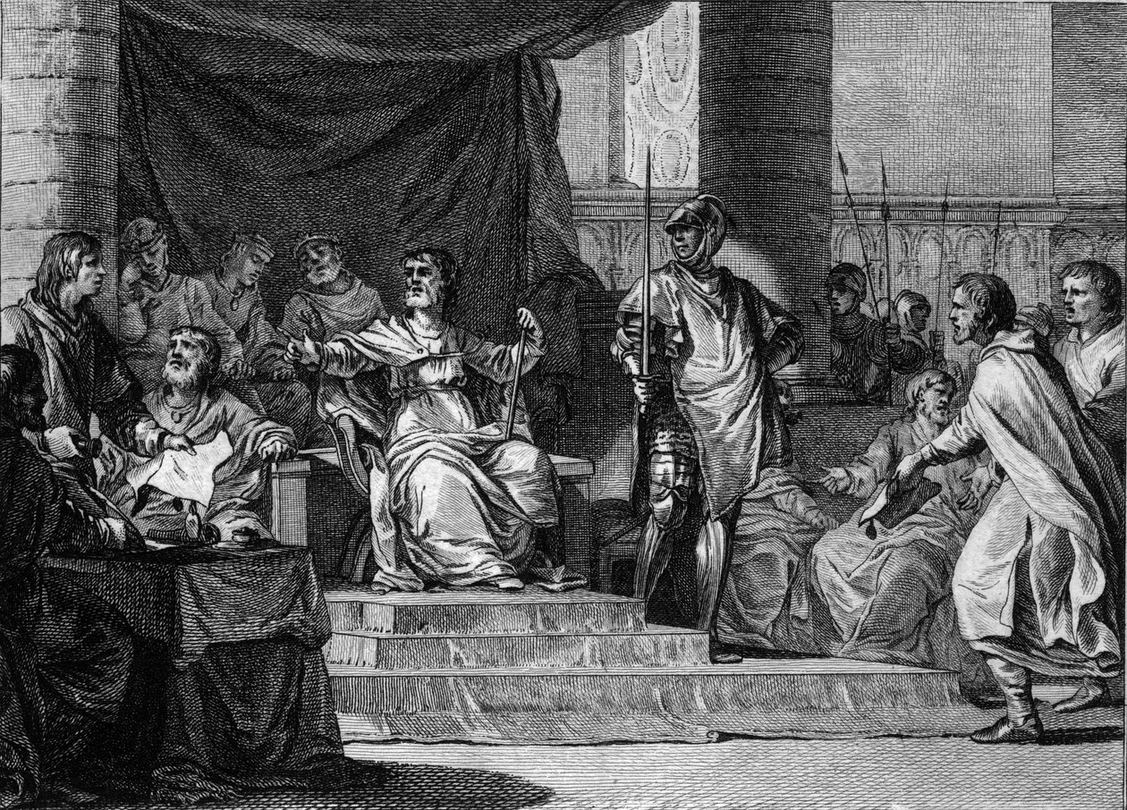 Representação imaginária do regimento de "reis preguiçosos" merovíngiosos: Clovis III (682-695), Childebert III (683-711) e Dagobert III (cerca de 697-715) estão a dormir e sentados atrás do presidente da câmara de Pepin le Jeune ou Herstal Palace (cerca d de Jean Michel the Younger Moreau