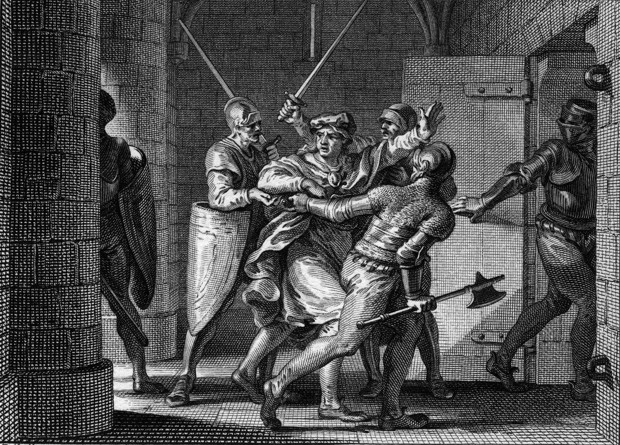 Prisão de Carlos III o Simples (879-929), 923: Acreditando encontrar refúgio com Herbert de Vermandois, o antigo rei dos Francos foi traído por este último e enviado para a prisão. Gravura de Jean Michel Moreau, dit Moreau le Jeune (1741- 1814) de Jean Michel the Younger Moreau