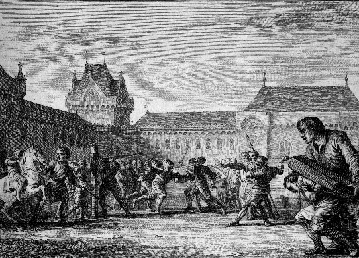 Instituição das páginas: estabelecimento de formação nas tarefas físicas e domésticas do métier da página. Período carolíngio, regne de Carlos Magno, séc. VIII-9º. Gravura de Jean Michel Moreau, dit Moreau le Jeune (1741- 1814) de Jean Michel the Younger Moreau