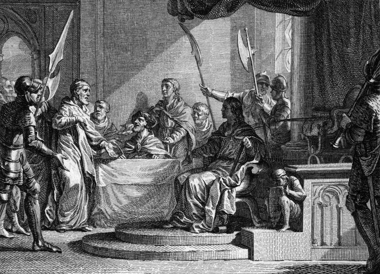 Interregne de Charles Martel, 737: Charles Martel, prefeito do Palácio, interregne após a morte de Thierry IV (713-737). Gravura de Jean Michel Moreau, dit Moreau le Jeune (1741- 1814) de Jean Michel the Younger Moreau