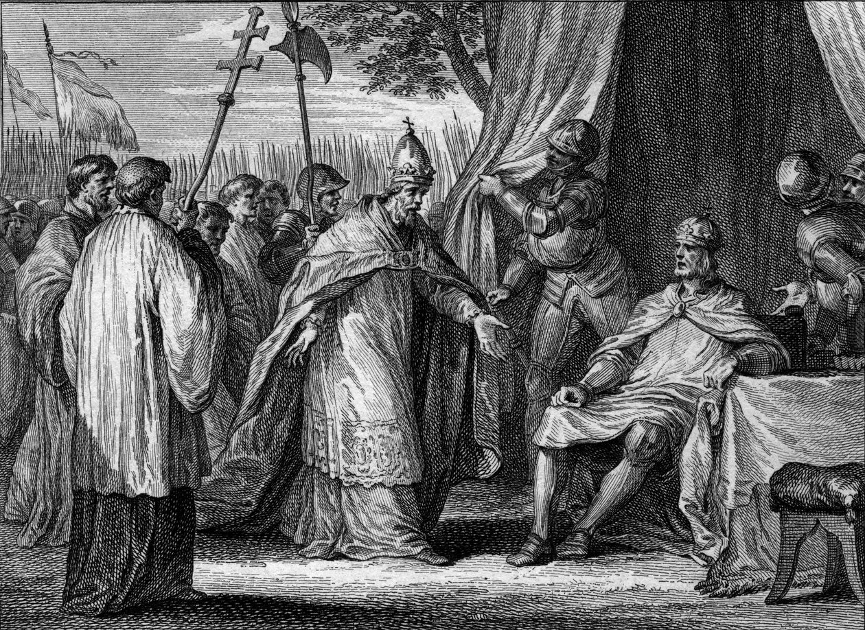 Entrevista entre o Papa Gregoire IV (falecido em 844) e Luís I o Pio ou o Debonário (778-840), em 833, a fim de resolver a disputa entre o rei e seus filhos, Lothaire, Pepin e Luís. Gravura de Jean Michel Moreau, dit Moreau le Jeune (1741- 18 de Jean Michel the Younger Moreau