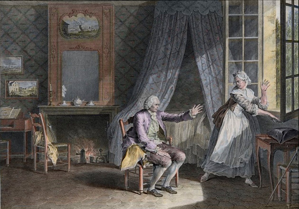 As últimas palavras de Jean Jacques Rousseau (1712-1778), escritor de língua inglesa de Genevan. Gravura do final do século XVIII, depois de Moreau le Jeune Les Dernieres Paroles Jean-Jacques Rousseau d