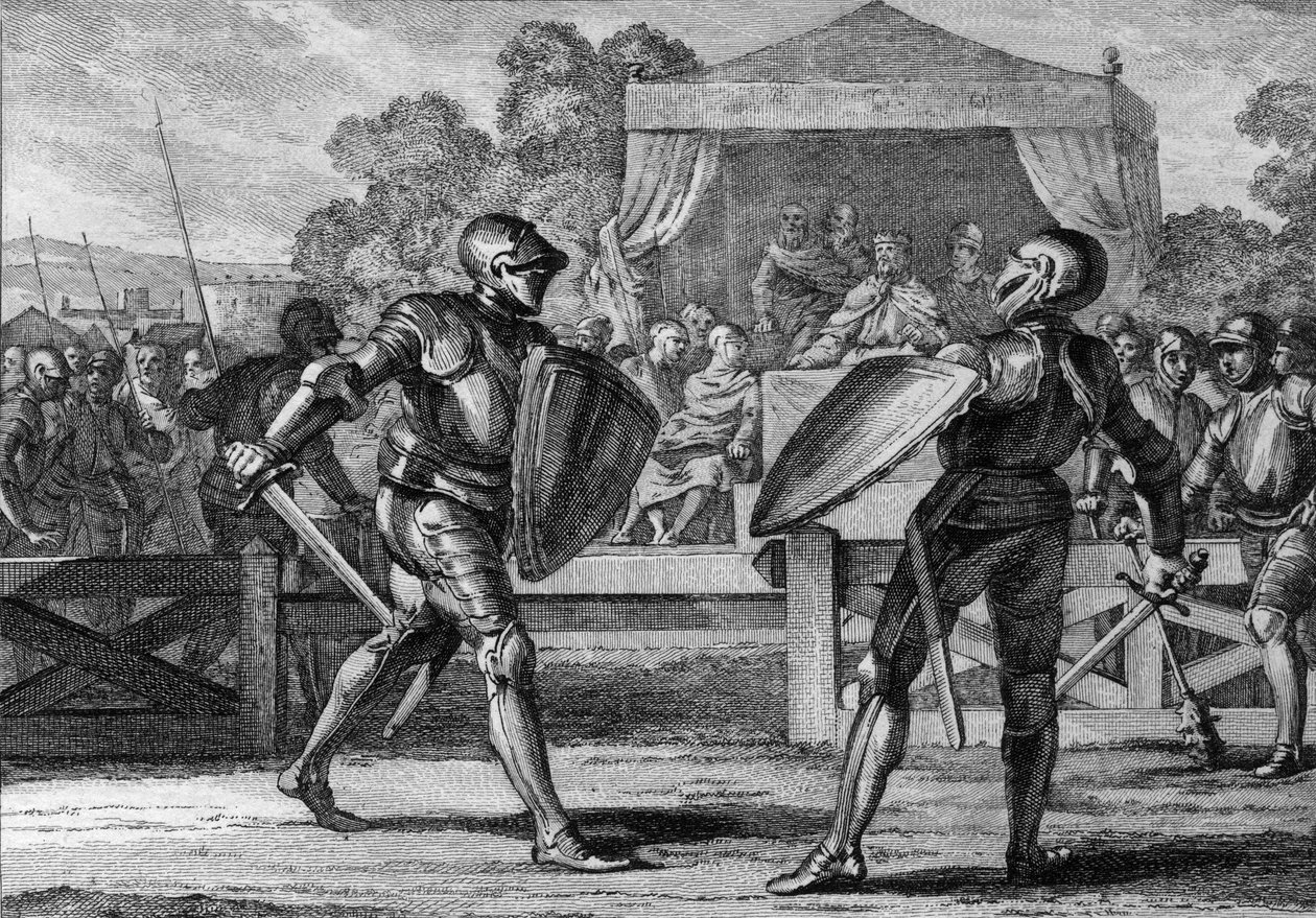 Justiça sob os Capetianos: um duelo de armadura entre dois vassalos para arbitrar uma disputa. Um tribunal ("tribunal de pares ou barões") tentou primeiro resolver a sua disputa. Em caso de fracasso, eles se envolveriam em uma batalha até a morte. Século 1 de Jean Michel the Younger Moreau