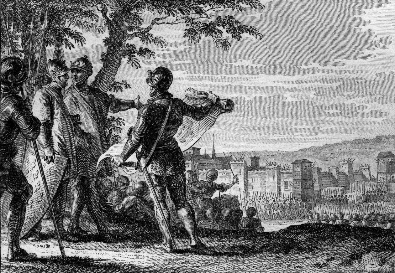 Rei Luís III (863-882) e Carloman II (867-884) sitiando a cidade de Viena, 883. Gravura de Jean Michel Moreau, dit Moreau le Jeune (1741- 1814) de Jean Michel the Younger Moreau