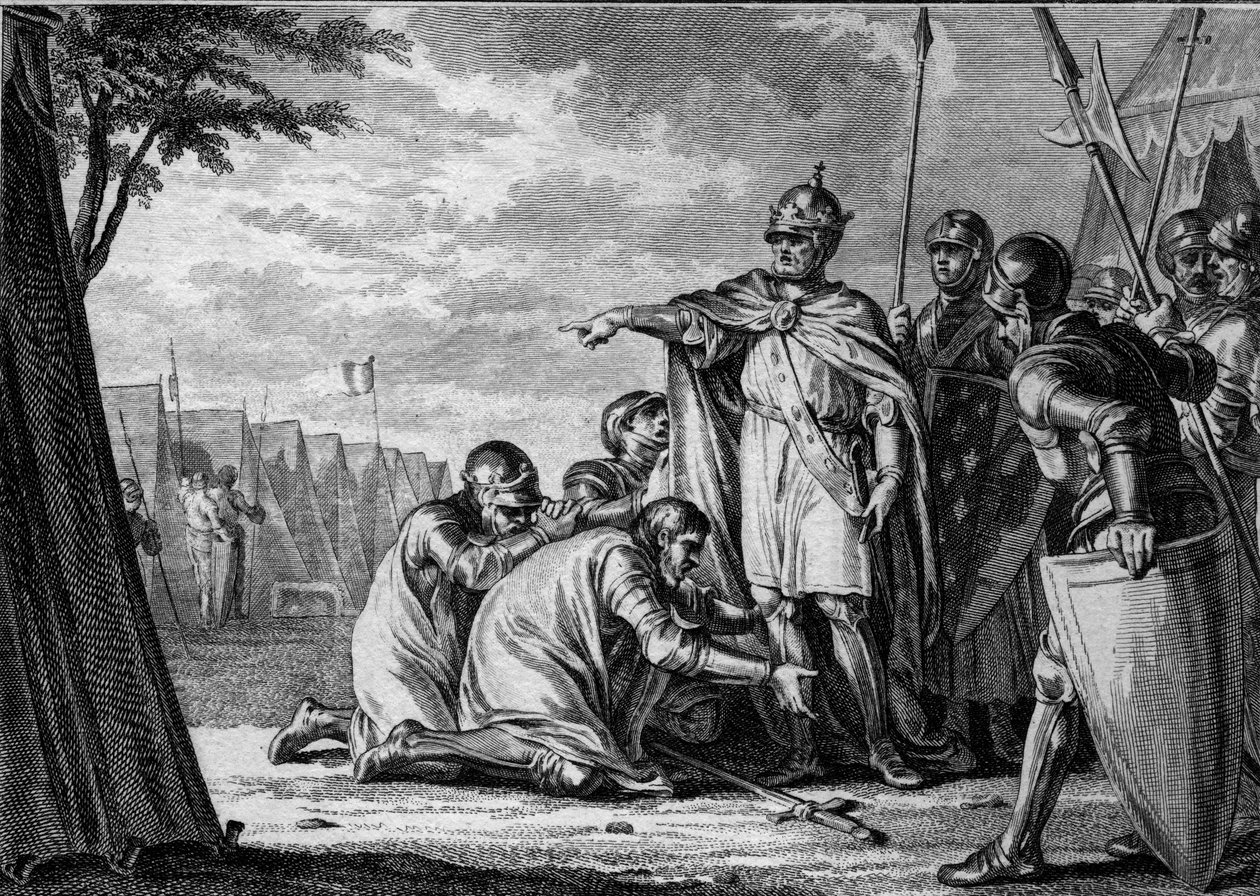 Luís I o Pio ou o Debonário (778-840) perdoa seu filho Lothaire (795-855) que se prostra a seus pés. 834. Gravura de Jean Michel Moreau, dit Moreau le Jeune (1741- 1814) de Jean Michel the Younger Moreau