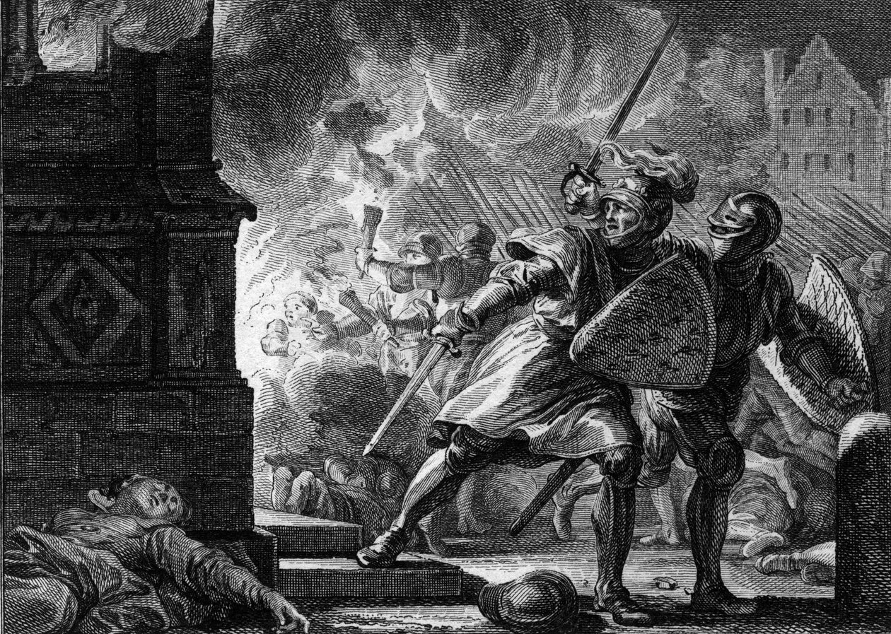 Luís VII, o Jovem ou o Piedoso (1120-1180) fez com que a igreja de Vitry (Champagne) incendiasse o local onde os habitantes se tinham refugiado. de Jean Michel the Younger Moreau