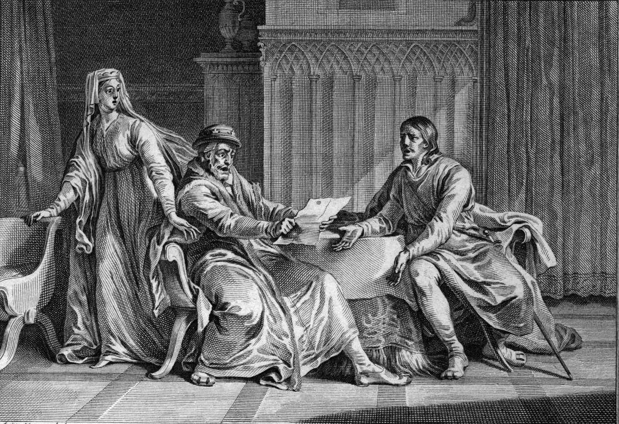 Luís o Gros (1081-1137) mostra ao seu pai, Filipe I (1052-1108), a carta na qual ele alegadamente pediu ao Rei da Inglaterra para assassinar Luís. Bertrade de Montfort (ca. 1070-1118), esposa de Philippe e suposto autor da carta, também está presente. 1 de Jean Michel the Younger Moreau