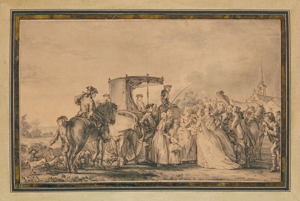Maria Antonieta, saindo de sua carruagem e cercada por seu cortejo, confortando um camponês, 1773 de Jean Michel the Younger Moreau