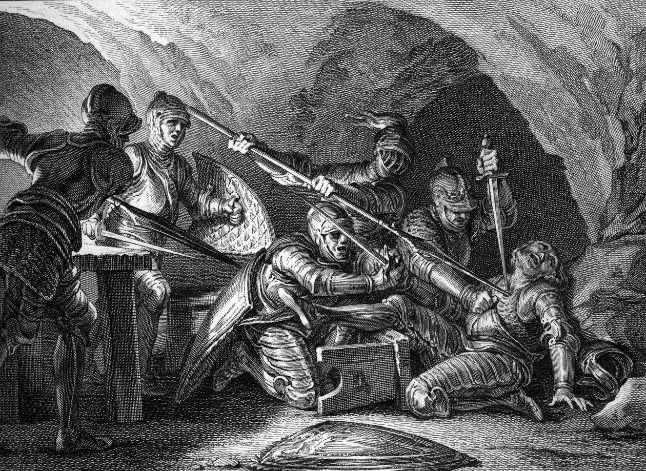 Encontro do Ducado da Aquitânia com a Coroa: Assassinato de Waifre (ou Gaificador), Duque de Aquitânia (767 ou 768). Gravura de Romanet depois de Moreau le jeune (1779). de Jean Michel the Younger Moreau