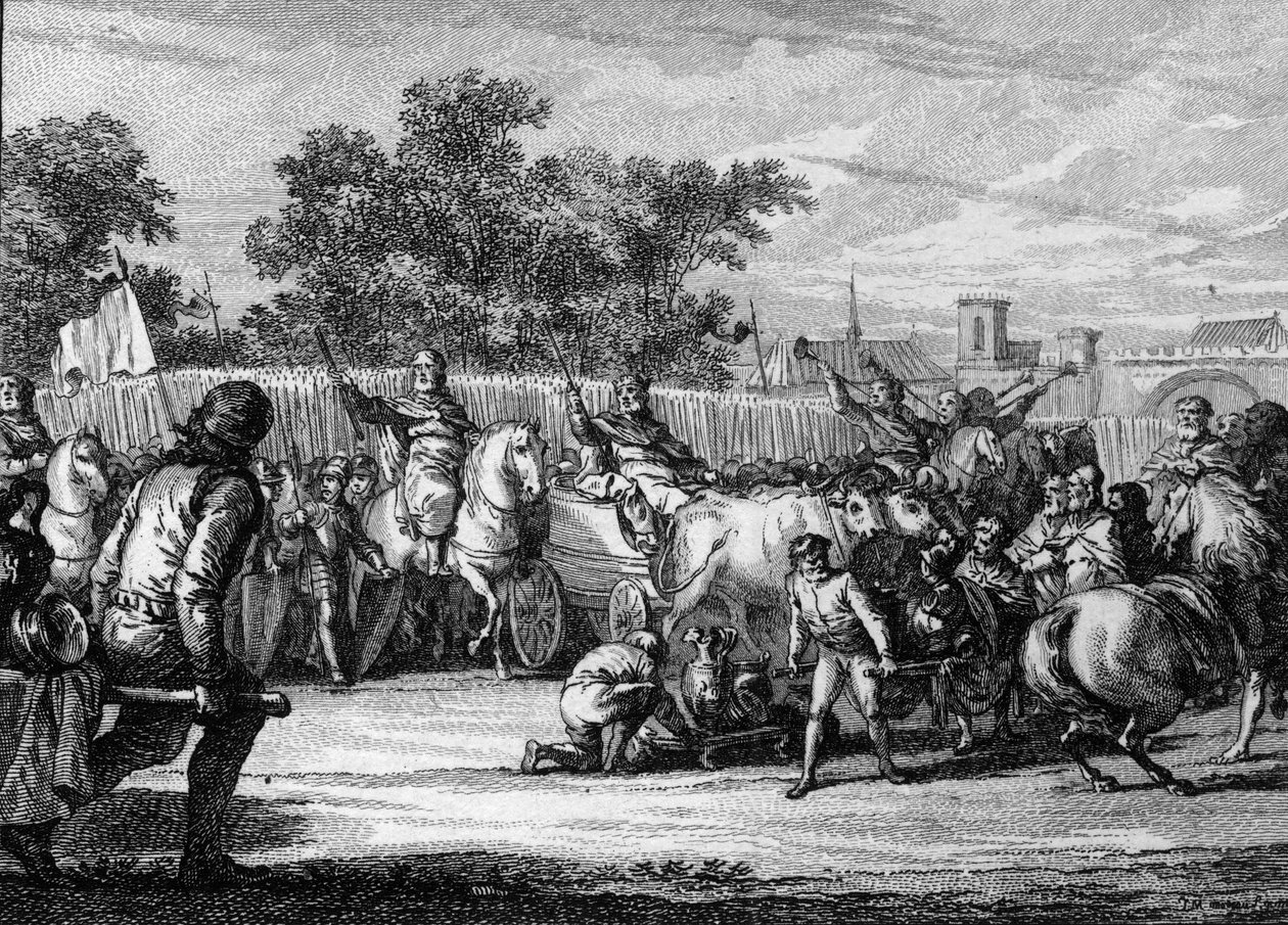 Período merovíngio; chegada do rei durante um "Campo de Marte". O rei subiu em uma carroça disparada por bois, trombetas anunciam sua chegada. Ao seu lado, o prefeito do palácio, cavalgando com o Baton de Commandant. Gravado por Jean Michel Moreau, dit Mor de Jean Michel the Younger Moreau