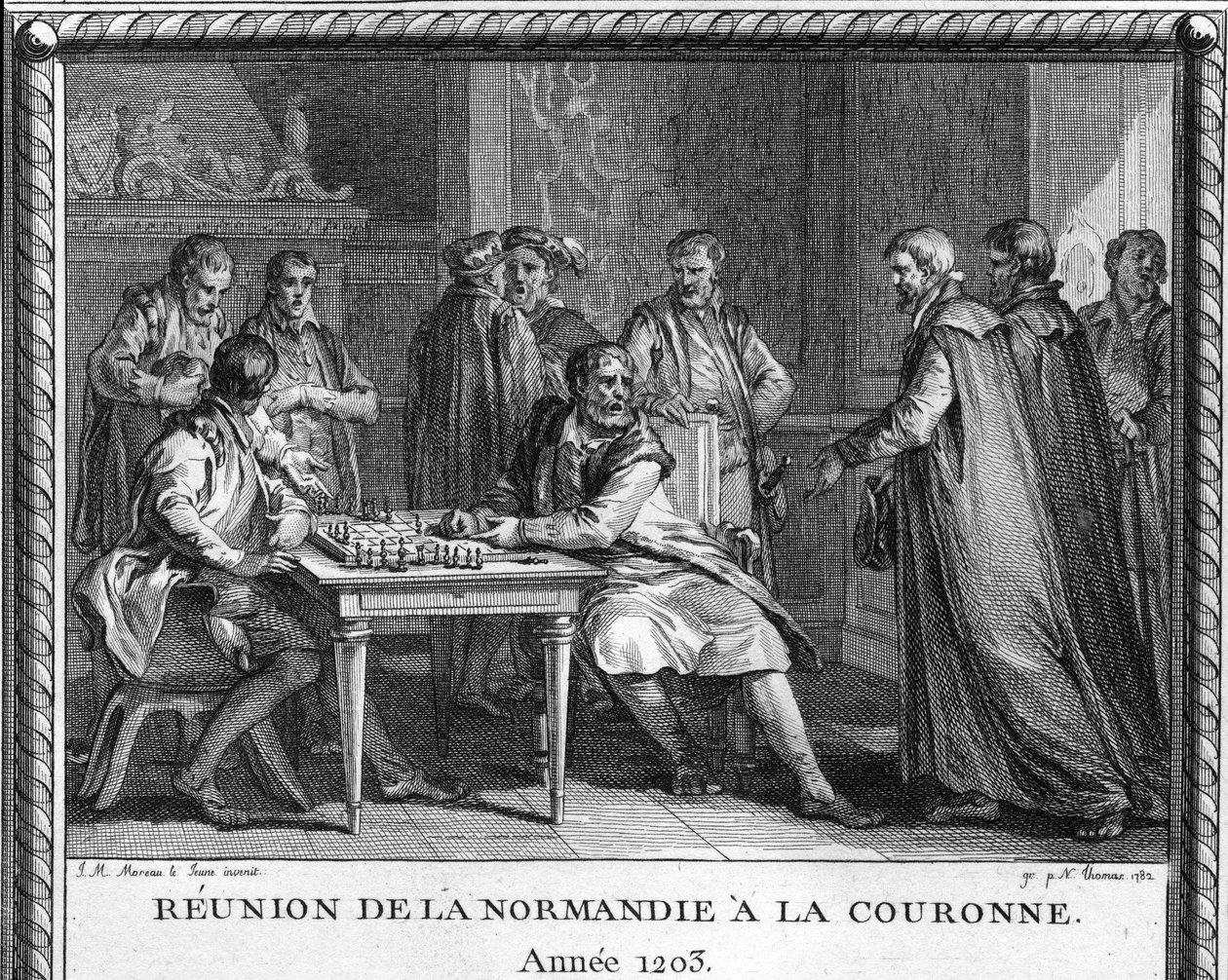 A fixação da Normandia à França em 1203: a gravura representa Jean Sans Terre (1167-1216) recebendo a notícia da conquete de Rouen pelo rei francês Philippe Auguste. Gravura de Moreau le jeune de Jean Michel the Younger Moreau