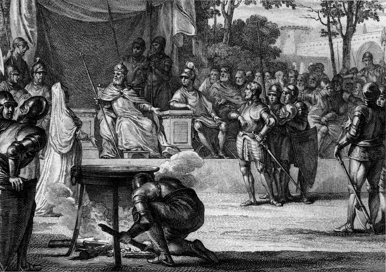 Ordalies ou "os juízos de Deus", 831: acusado de traição contra Luís I, o Pio ou Debonário (778-840), Judith Welf (805-843), sua esposa, e Bernard de Septimania (cerca de 800-844), camareiro do reino, tentam provar a sua inocência perante um de Jean Michel the Younger Moreau