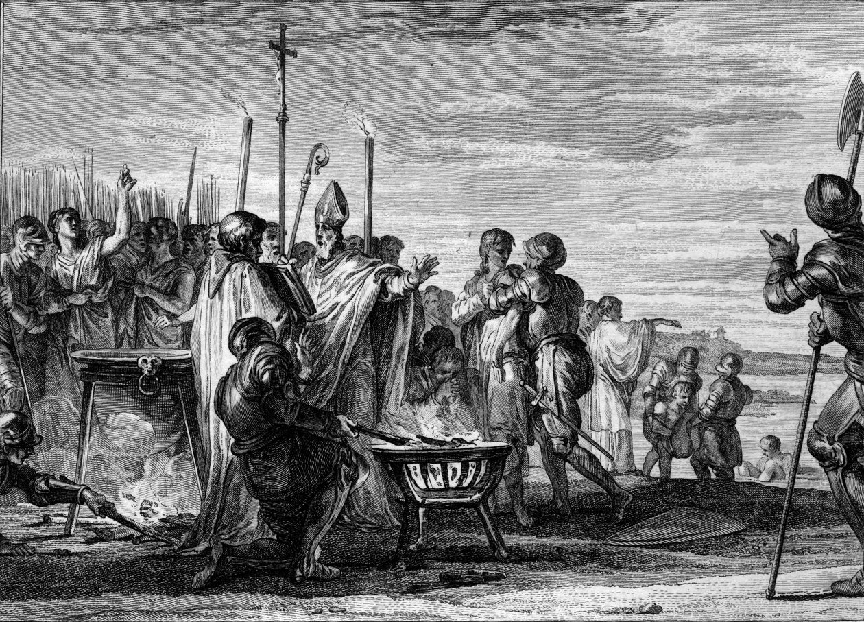 Ordalies ou "os juízos de Deus", 877: os representantes de Luís da Germânia, que vieram reclamar a Luís II a metade calva do reino de Lorena, concordaram em submeter-se às provas do ferro quente, da água fervente e da água fria. Gravura de Jean Michel Mor de Jean Michel the Younger Moreau
