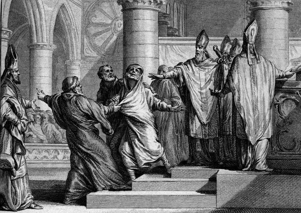Penitência e deposição de Luís I o Pio ou o Debonário (778-840), 833: depois de confessar, o rei é despojado de ornamentos imperiais pelo Arquivo de Reims, depois coberto com um saco de penitente. Gravura de Jean Michel Moreau, dit Moreau le Jeu de Jean Michel the Younger Moreau