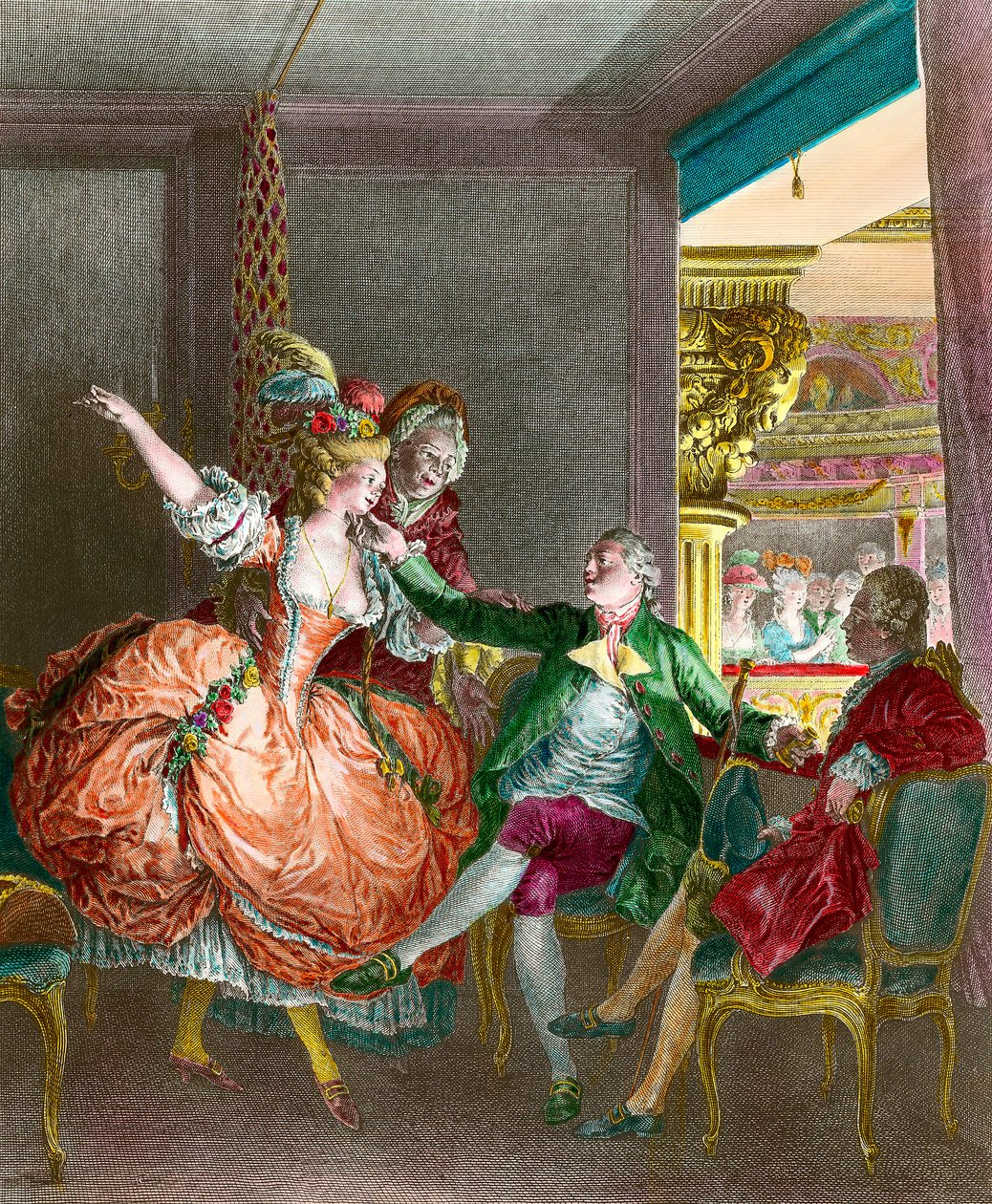 Prostituição: "A apresentação no teatro" Uma jovem mulher é apresentada através de um casamenteiro a um cavalheiro. Gravura de Moreau le Jeune (1741-1814). Século XIX. Coleção particular de Jean Michel the Younger Moreau