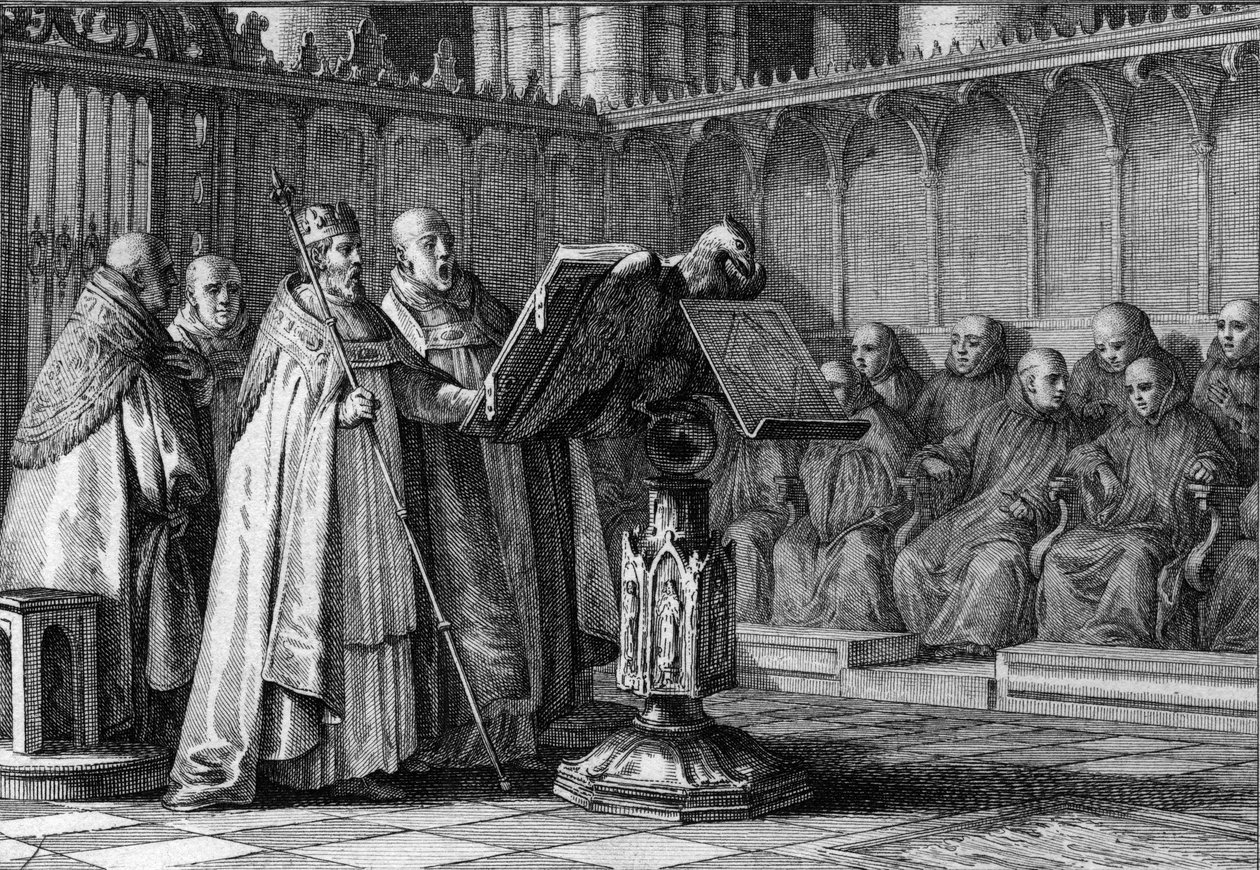 Robert II o Piedoso (970-1031), Rei dos Francos, cantando num culto religioso em frente a um auditório. Usa a sua coroa e segura o seu ceptro. Gravura de Jean Michel Moreau, dit Moreau le Jeune (1741- 1814) de Jean Michel the Younger Moreau