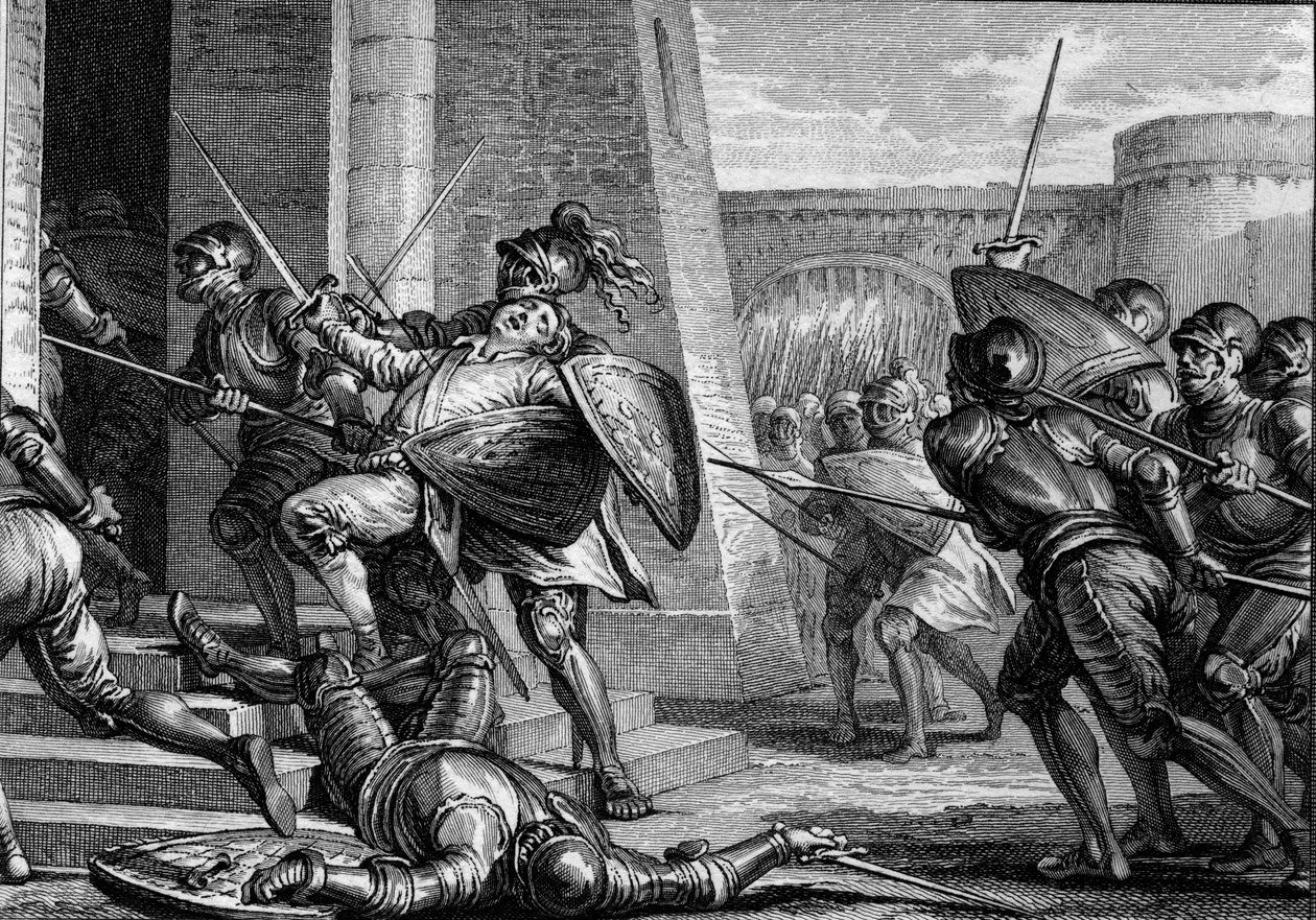 Robert the Fort morreu (cerca de 815-866), Duque de França, durante a Batalha de Brissarthe, em 866, opondo os Francos a um exército que combinava bretão e viking. Gravura de Jean Michel Moreau, dit Moreau le Jeune (1741- 1814) de Jean Michel the Younger Moreau