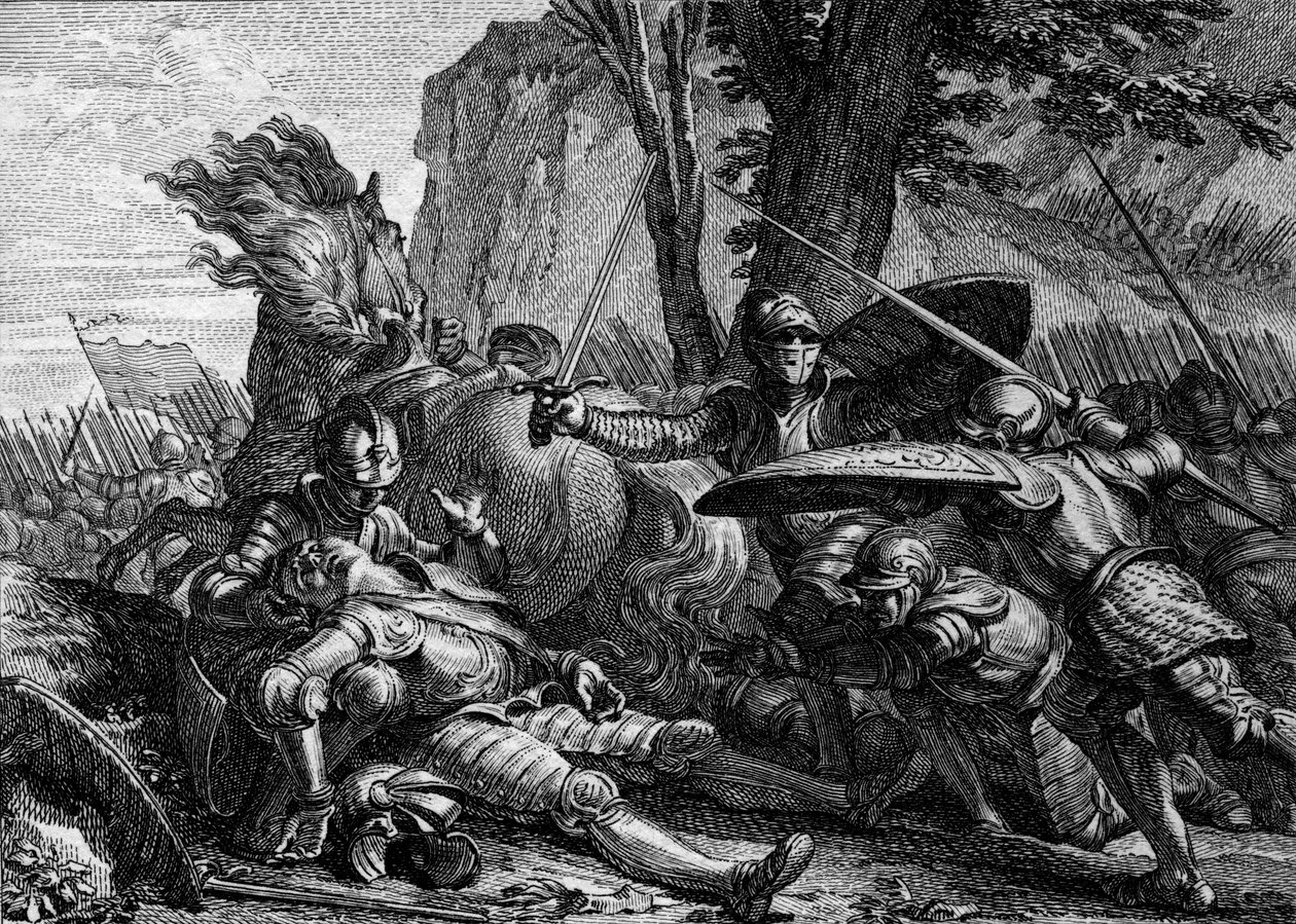 Roland morreu durante a batalha de Roncesvaux entre o exército de Carlos Magno e o dos sarracenos. 778. Gravura de Jean Michel Moreau, dit Moreau le Jeune (1741- 1814) de Jean Michel the Younger Moreau