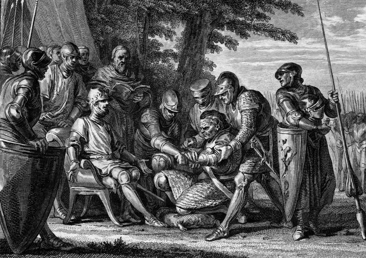 Rollon (ca. 860-933), chefe Viking, recusa-se a beijar o pé do Rei Carlos III o Simples (879-929), 912. Gravura de Jean Michel Moreau, dit Moreau le Jeune (1741- 1814) de Jean Michel the Younger Moreau
