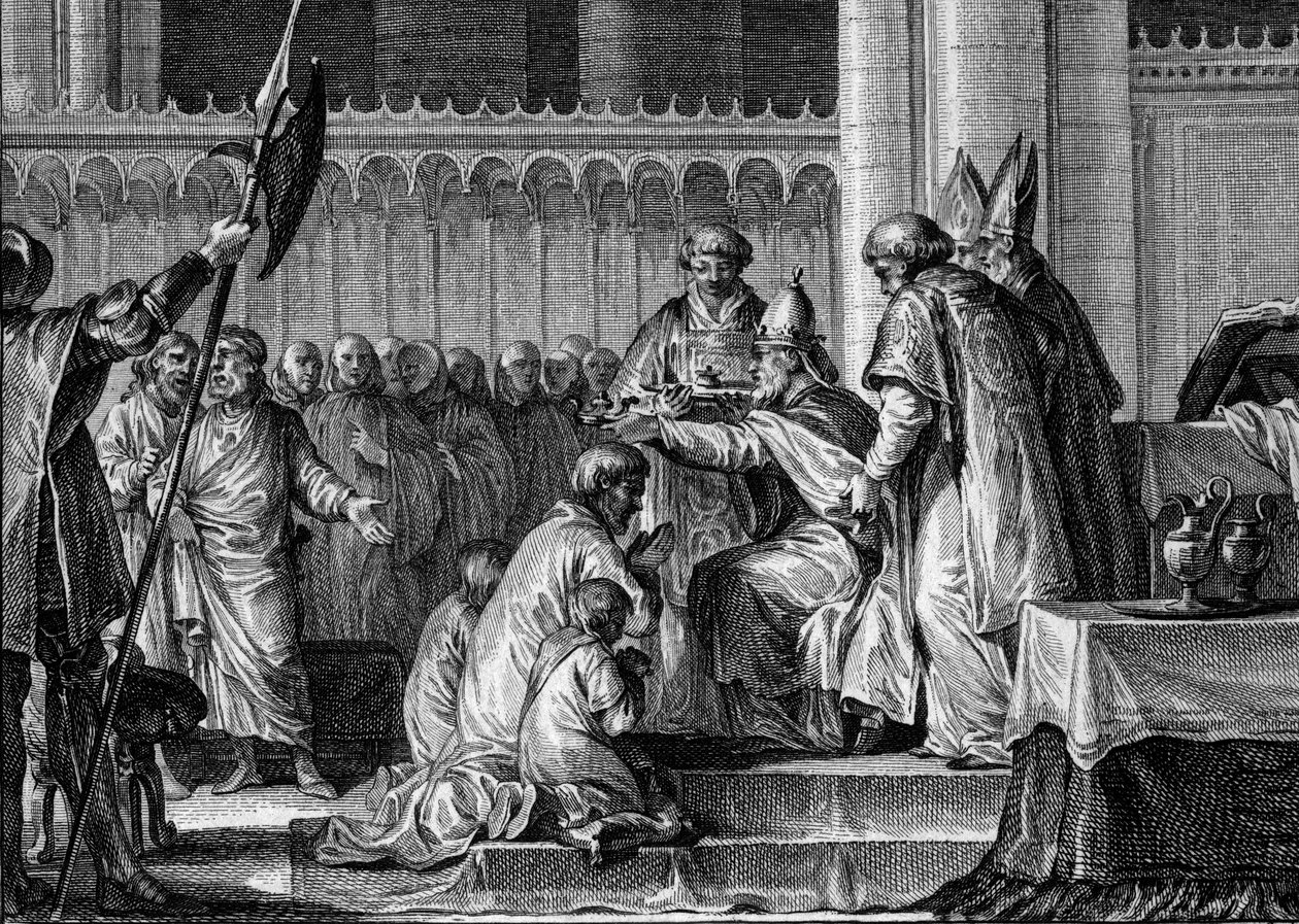 Sagrado Pepin o Brief (714-768), Basílica de Saint Denis, 28 de Julho de 754: o Papa Estêvão II consagrou-o rei dos Francos e Patrício dos Romanos (Patricius Romanorum). A seu lado, seus dois filhos, Carloman e Carlos (o futuro Carlos Magno). Gravura de Jean Michel the Younger Moreau