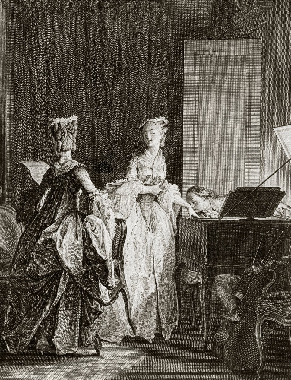 Saint Preux e Claire no cravo em "Julie ou la nouvelle Heloise" do filósofo suíço Jean Jacques (Jean-Jacques) Rousseau (1712-1778) - gravura de Moreau le jeune, Jean Michel (1741-1814) (Saint-Preux, instala-se no cravo, kisse de Jean Michel the Younger Moreau