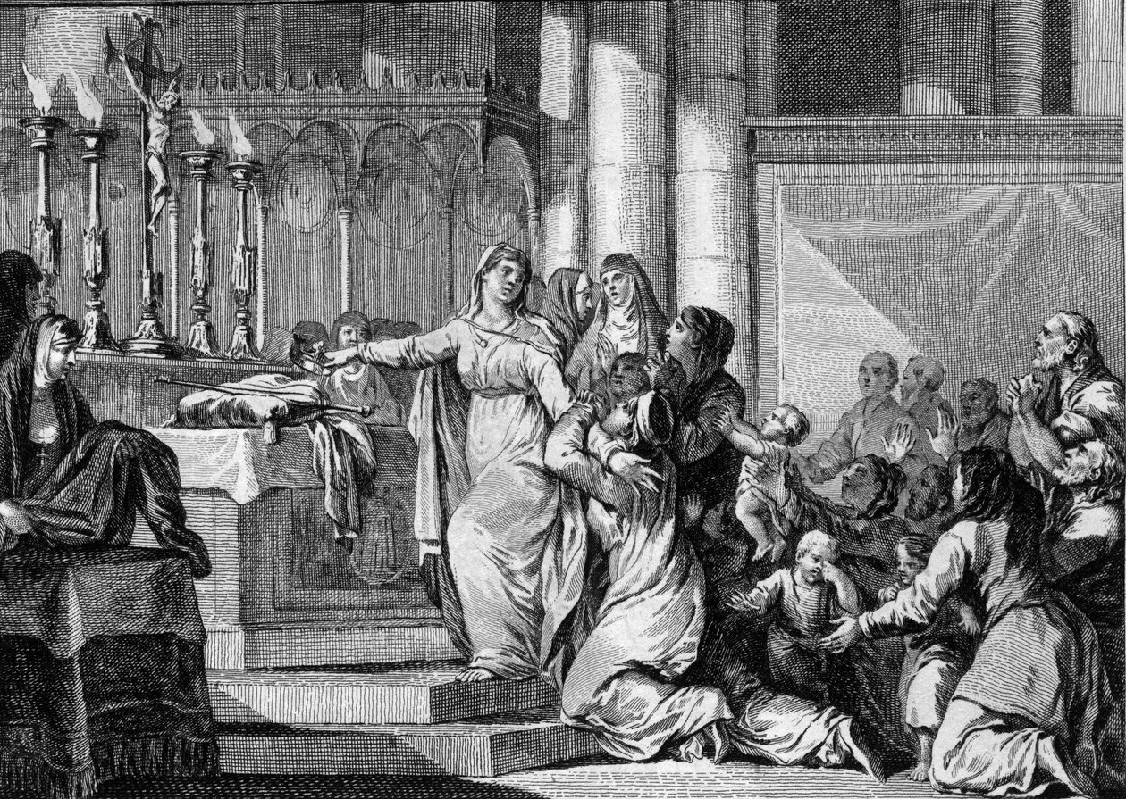 Sainte Bathilde (ou Batilde, Bathylle, Beaudour) (626-680), rainha dos Francos e viúva de Clóvis II, decidiu tomar o véu no mosteiro de Chelles em 665. Os seus súbditos tentam detê-lo. Gravura de Jean Michel Moreau, dit Moreau le Jeune (1741- 1 de Jean Michel the Younger Moreau