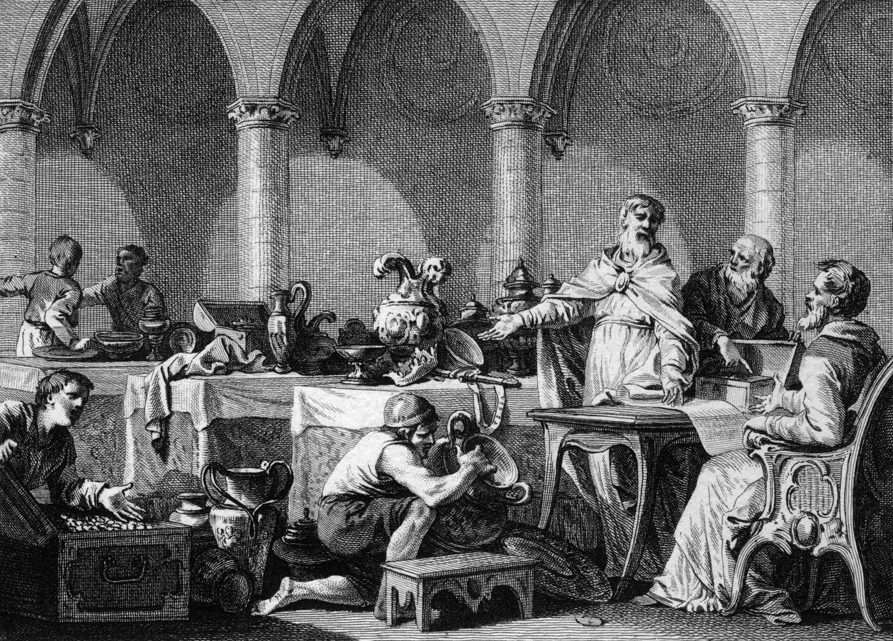 Partilha dos Tresors de Dagobert I (602/605-638), Rei dos Francos, após a sua morte, sob o controlo dos dois prefeitos do Palácio Pepin de Landen e Aega. Gravura de Jean Michel Moreau, dit Moreau le Jeune (1741- 1814) de Jean Michel the Younger Moreau