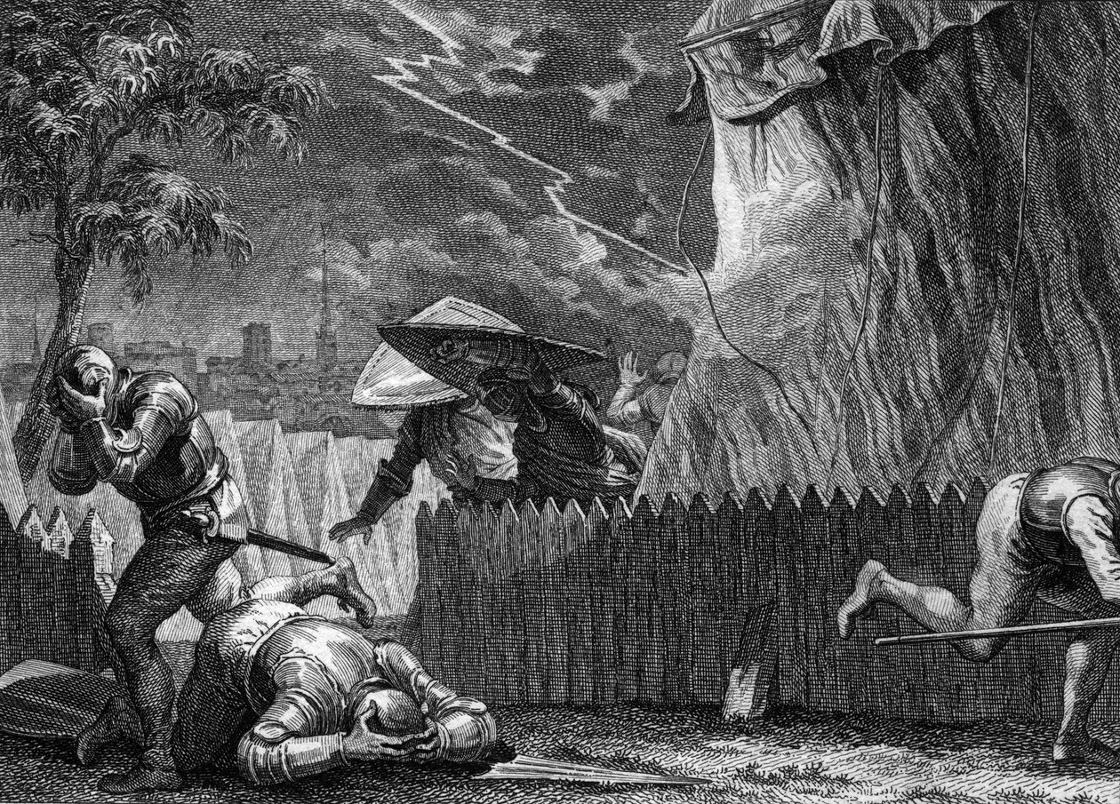 Cerco de Poitiers, 954: durante uma tempestade, uma luz destruiu a tenda de Hugues, o Grande (897-956). Gravura de Jean Michel Moreau, dit Moreau le Jeune (1741- 1814) de Jean Michel the Younger Moreau