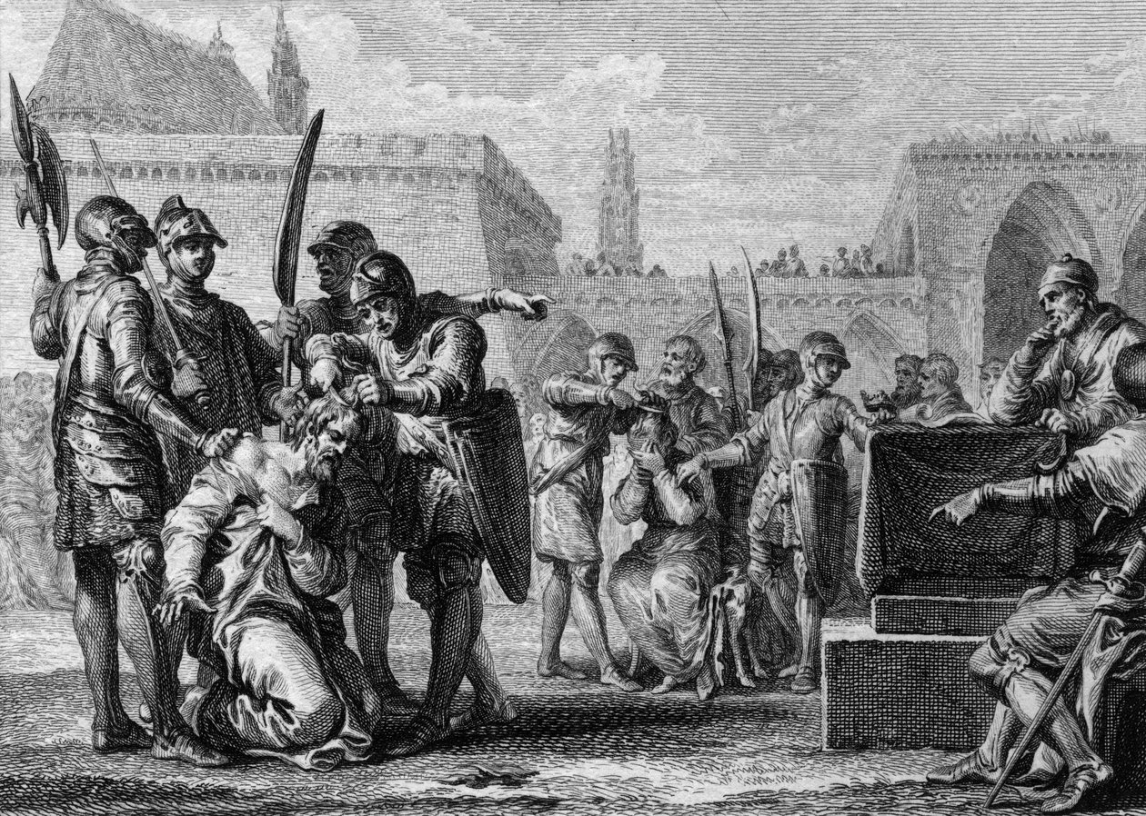 Thierry III (651-691), rei dos Francos, e Ebroin (falecido 681), prefeito do Palácio Neustria, foram cortados pela população, hostil aos dois homens. 669. Gravura de Jean Michel Moreau, dit Moreau le Jeune (1741- 1814) de Jean Michel the Younger Moreau