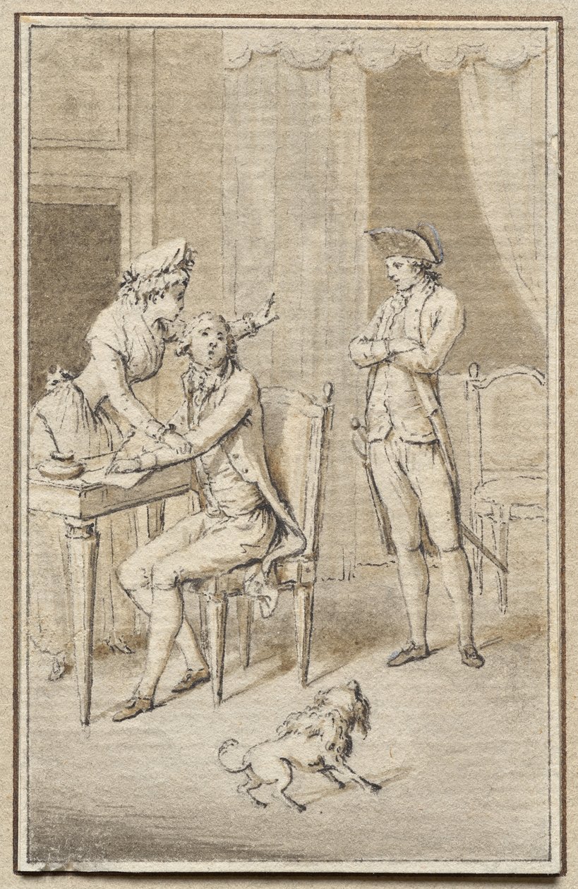 Três figuras com um cachorro de Jean Michel the Younger Moreau
