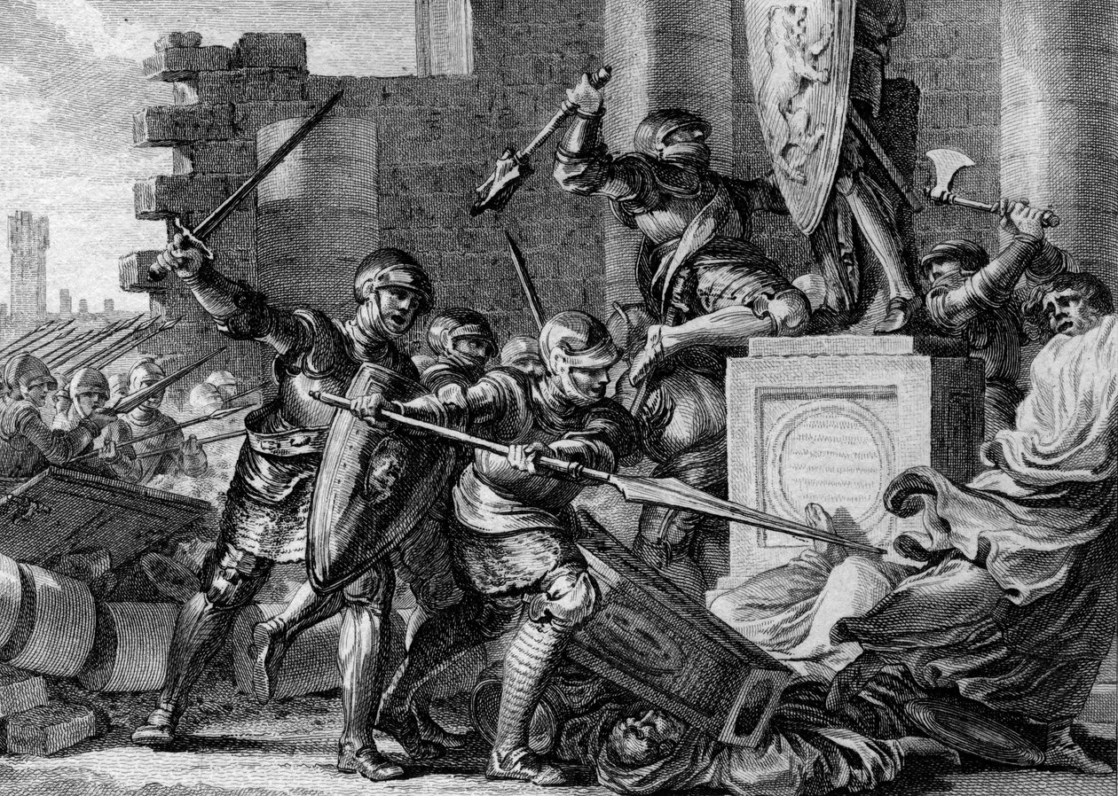 Guerra contra os Saxões, 772: destruição do templo e ídolo de Irmensul, a divindade Paiana dos Saxões, pelo exército de Carlos Magno. Ehresburg, Alemanha. Gravura de Jean Michel Moreau, dit Moreau le Jeune (1741- 1814) de Jean Michel the Younger Moreau
