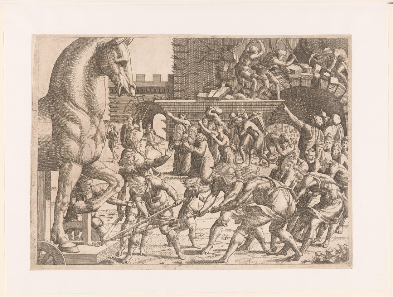 Trazer o cavalo de Tróia
História da Guerra de Tróia (título da série) de Jean Mignon (attributed to)