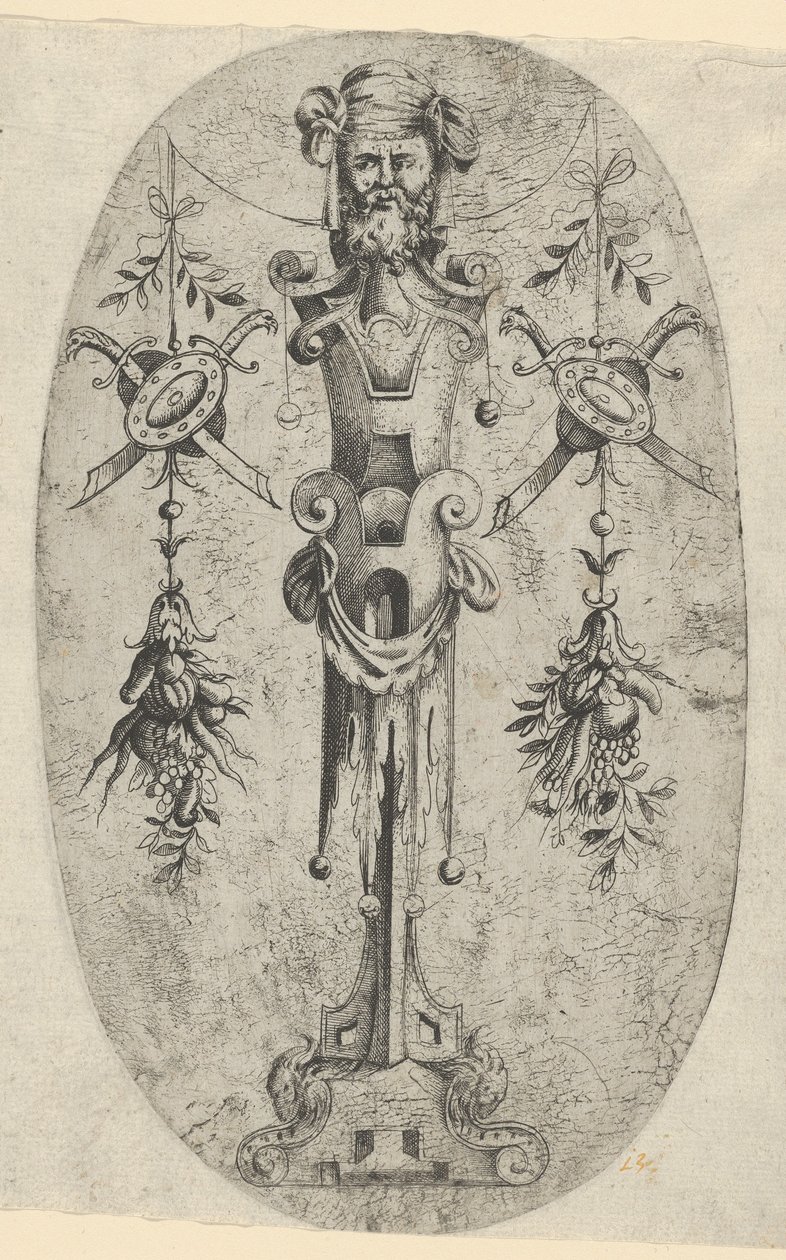 Figura terminal masculina, cabeça com barba e turbante em pé de treliça de três quartos..., ca. 1543-45. de Jean Mignon