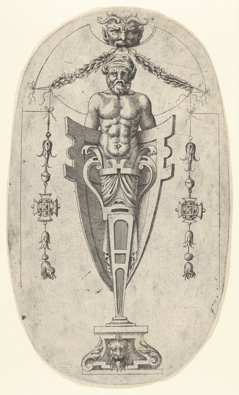 Figura Terminal Masculino, Torso com Barba e Turbano em Pedestal de Meio Comprimento Enclausurado ..., ca. 1543. de Jean Mignon