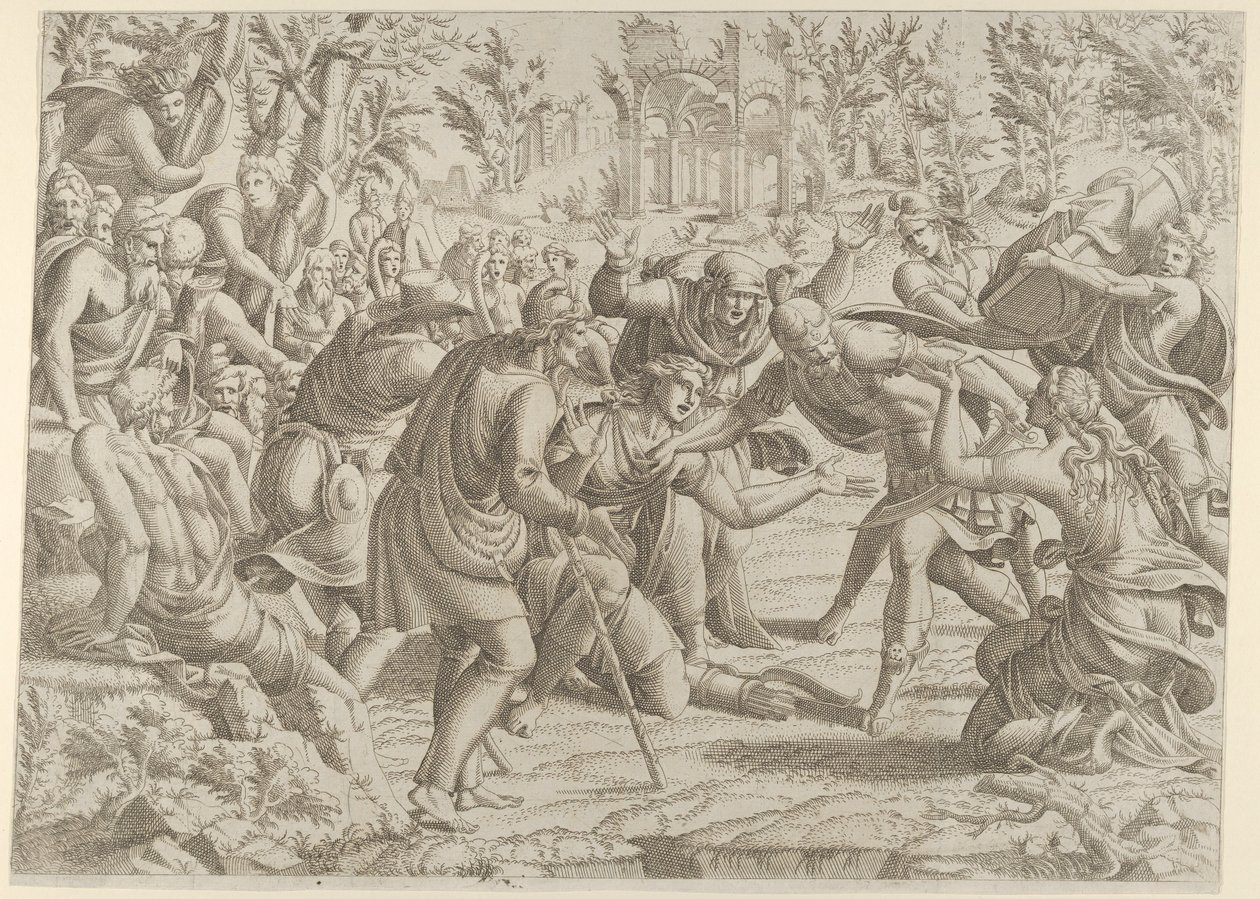 O Traiçoeiro Sinon Traiçoeiro trazido para o Acampamento Trajano pelos Pastores, 1535-55. de Jean Mignon