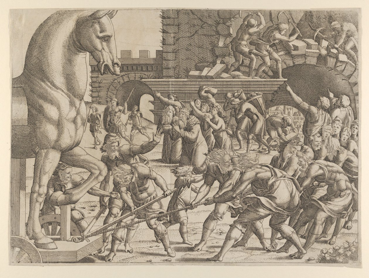 Os Troianos Trazem o Cavalo de Madeira para a Cidade deles, 1535-55. de Jean Mignon