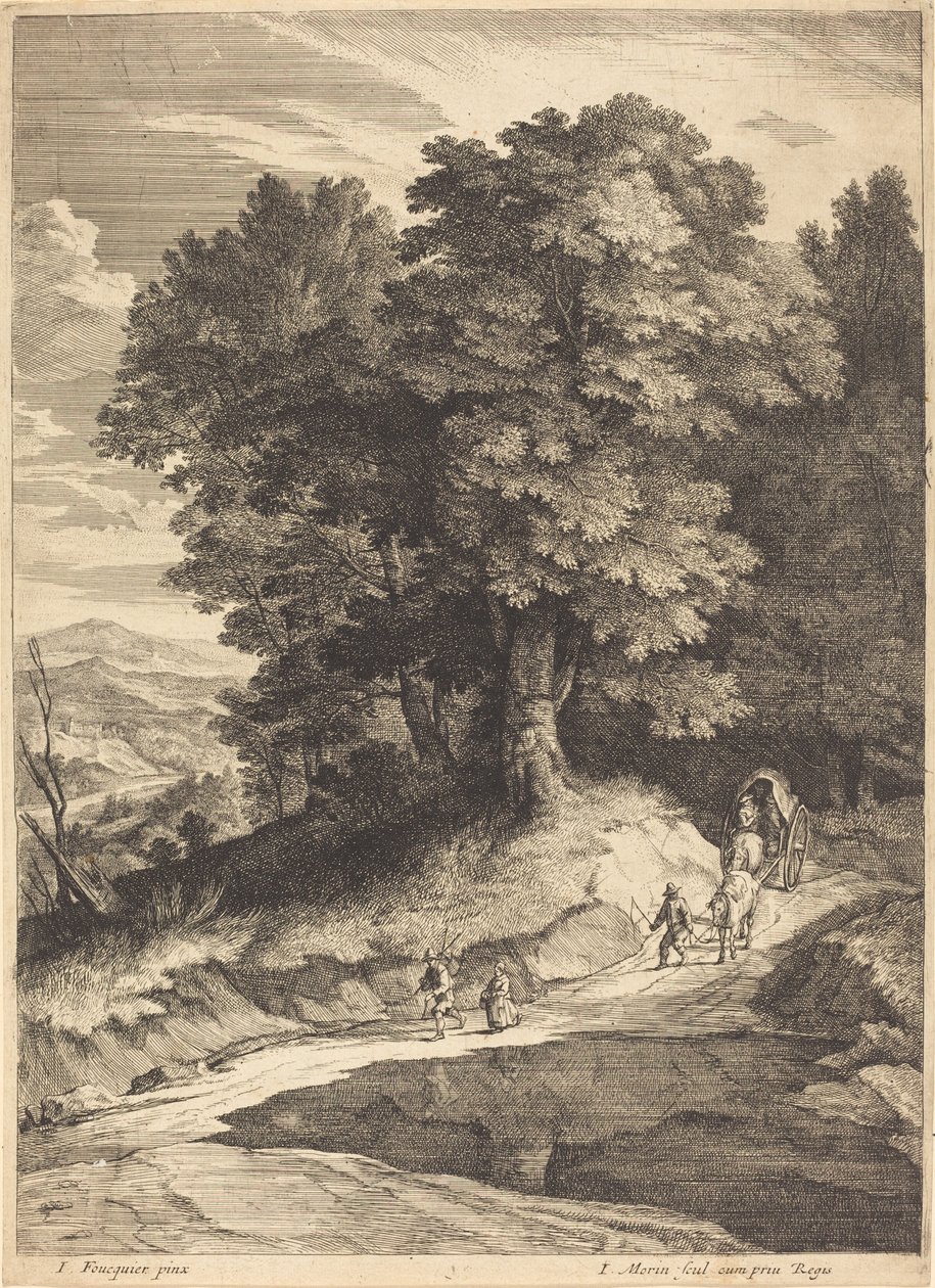 Borda de um bosque com viajantes em uma carruagem de Jean Morin, after Jacques Fouquières