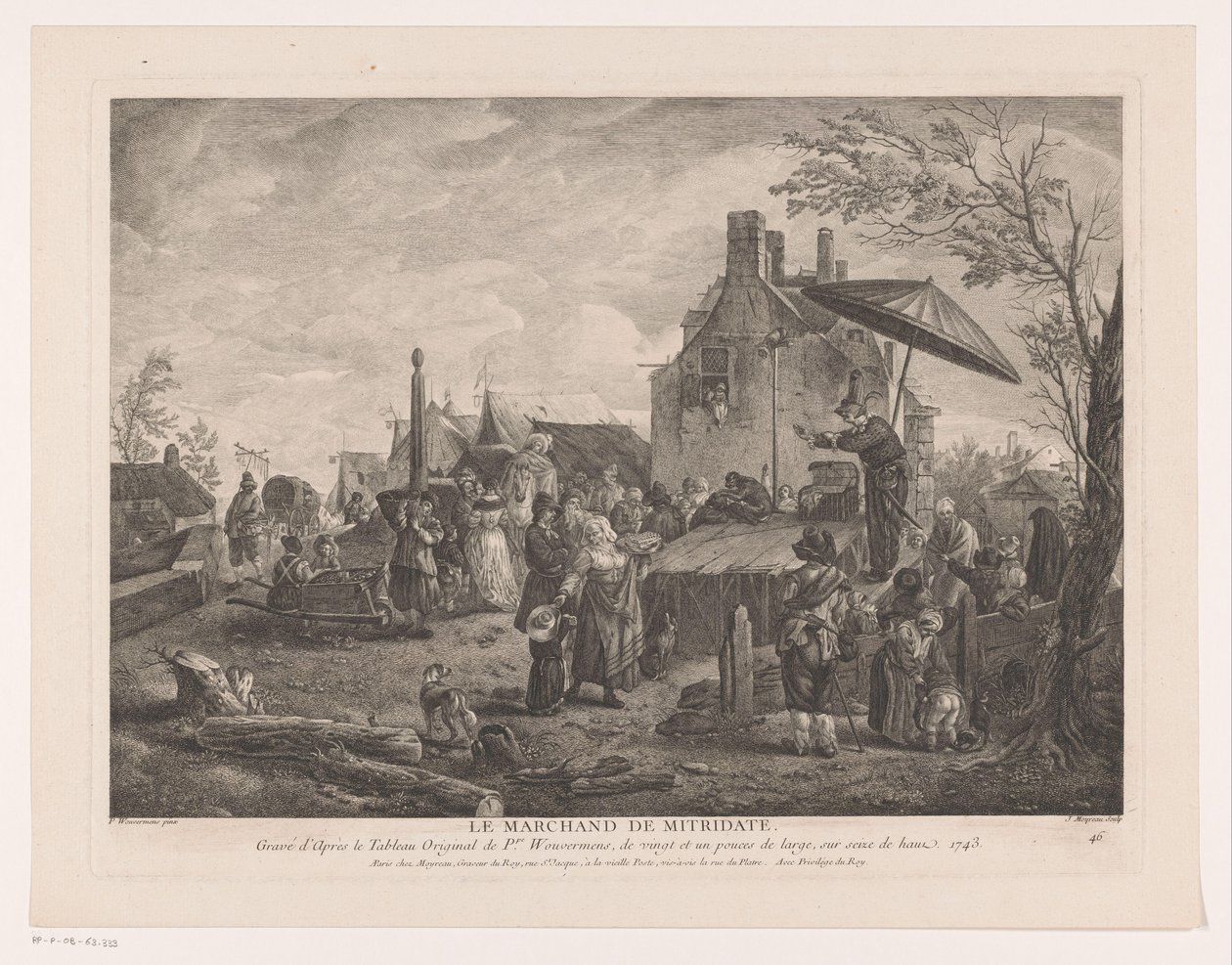 Teatro da Aldeia
Le Marchand de Mitridate (título sobre o objecto)
Impressões após pinturas de Philips Wouwerman (título da série)
Oeuvres de Ph.pe Wouwermans Hollandois (título da série) de Jean Moyreau