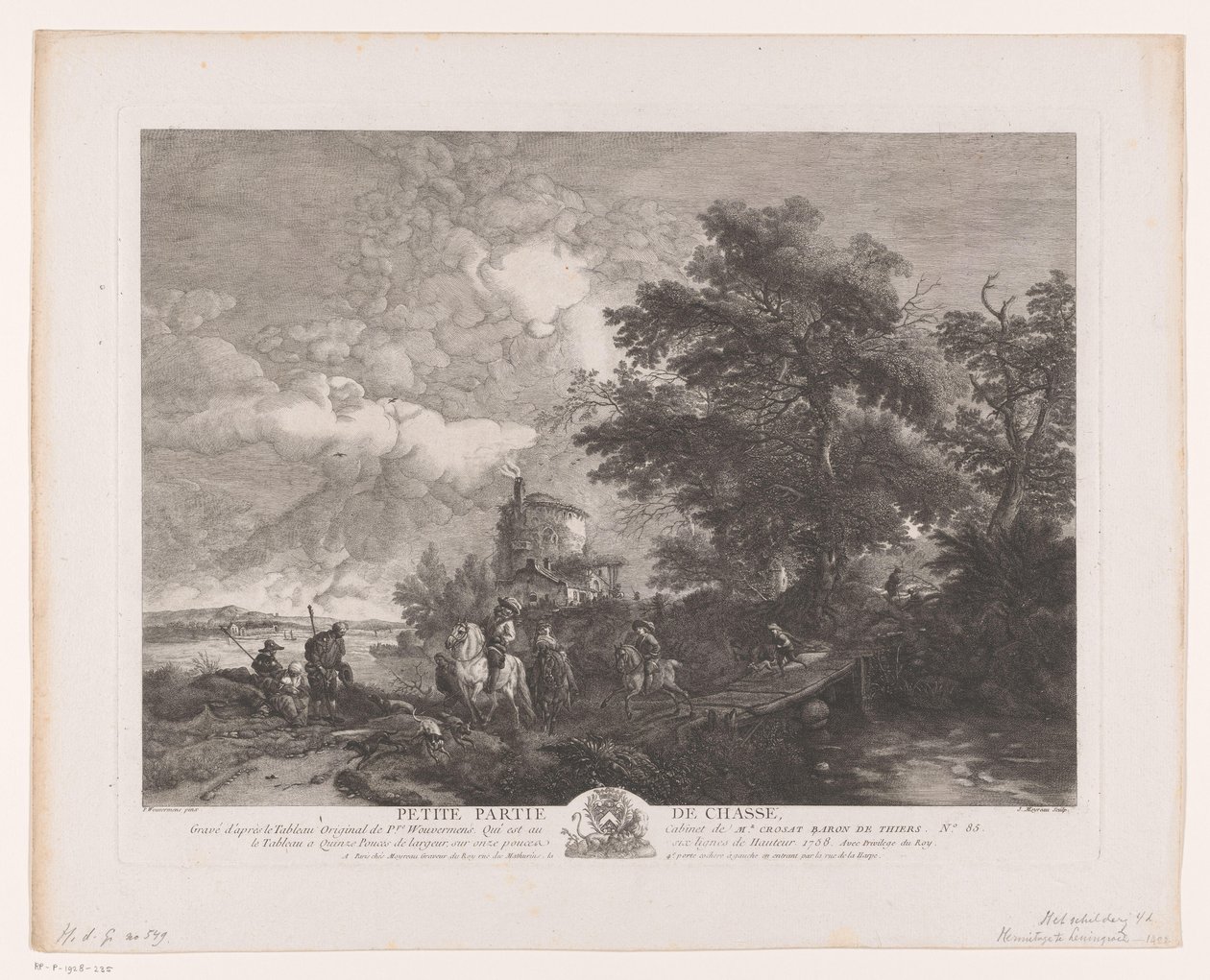 Festa de caça numa paisagem com ponte
Petite Partie de Chasse (título sobre o objecto)
Impressões após pinturas de Philips Wouwerman (título da série)
Oeuvres de Ph.pe Wouwermans Hollandois (título da série) de Jean Moyreau