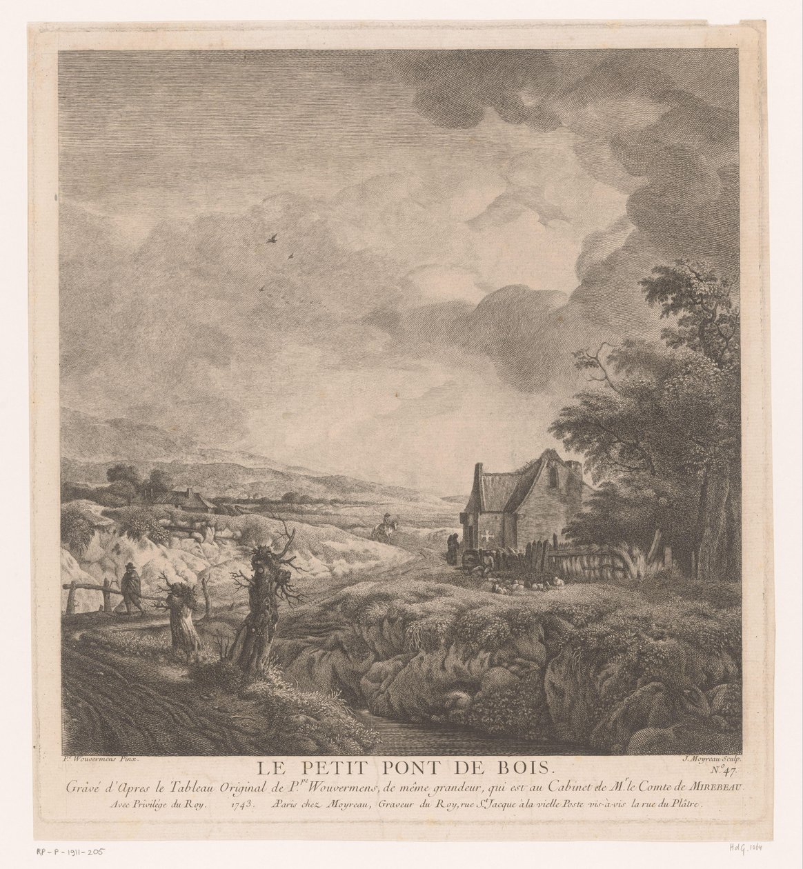 Paisagem com uma casa ao longo de um caminho sobre uma ponte Le petit pont de bois (título no objeto) Impressões após pinturas de Philips Wouwerman (título da série) Oeuvres de Ph.pe Wouwermans Hollandois (título da série) de Jean Moyreau