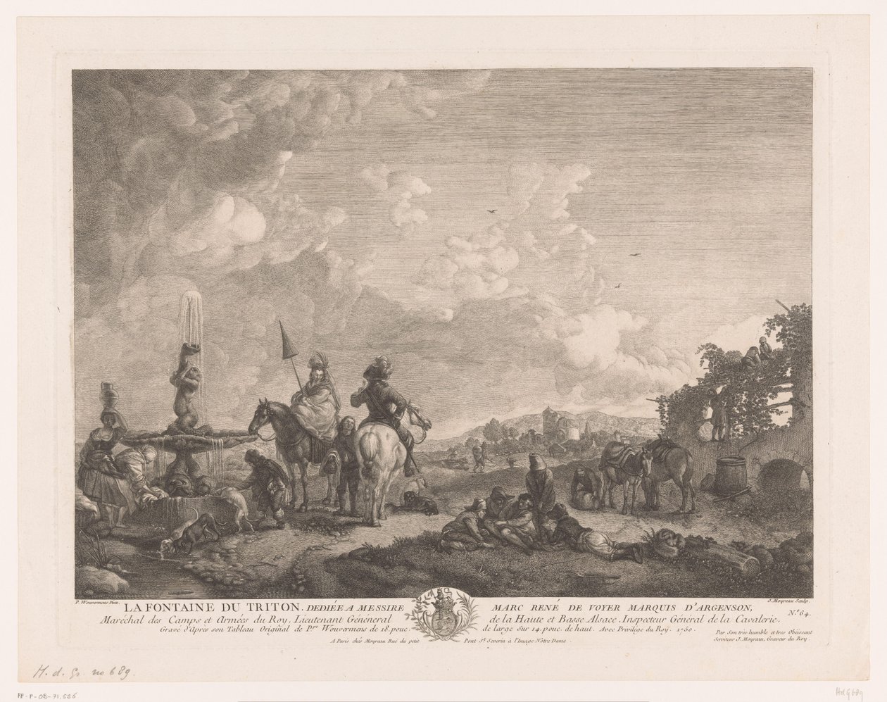 Paisagem com figuras por uma fonte La Fontaine du Triton (título no objeto) Impressões após pinturas de Philips Wouwerman (título da série) Oeuvres de Ph.pe Wouwermans Hollandois (título da série) de Jean Moyreau