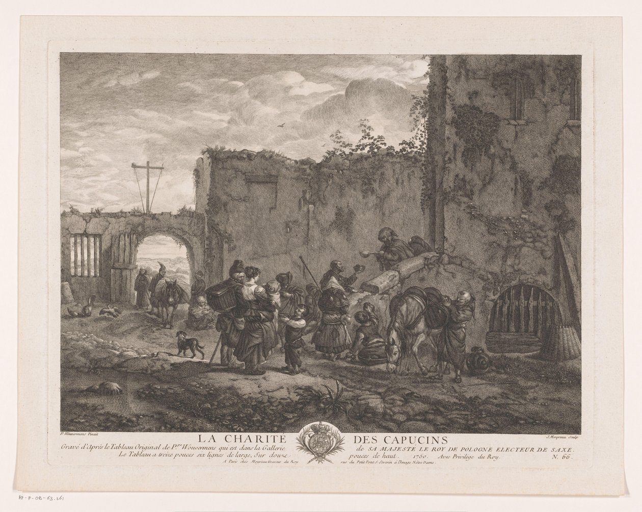 Monges distribuem comida aos peregrinos num pátio
La Charité des Capucins (título sobre o objecto)
Impressões após pinturas de Philips Wouwerman (título da série)
Oeuvres de Ph.pe Wouwermans Hollandois (título da série) de Jean Moyreau