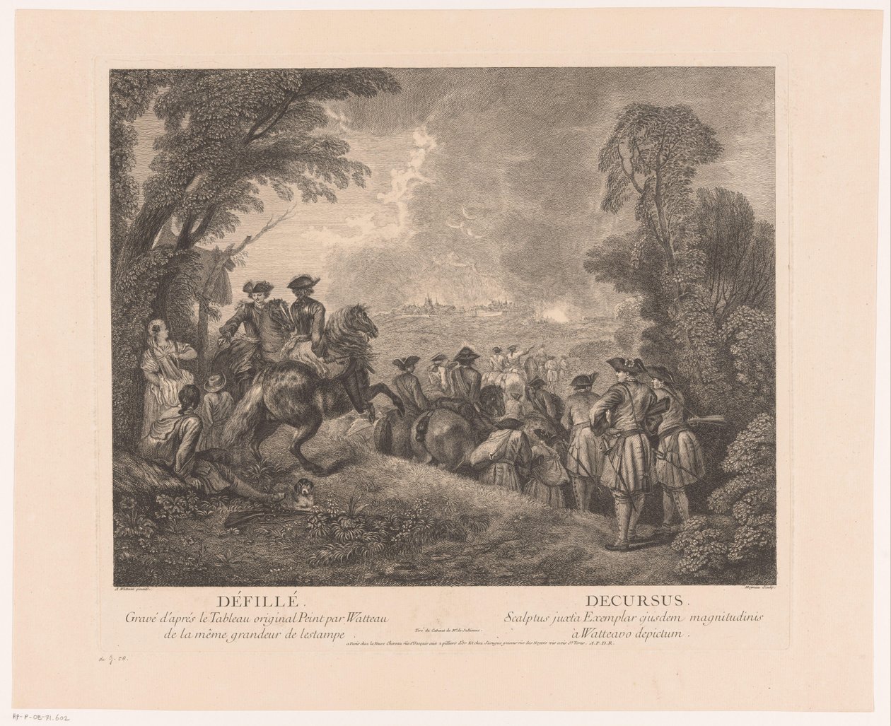 Procissão com soldados a caminho de uma cidade Défillé - Decursus (título no objeto) Obras de Antoine Watteau (título da série) A obra de Antoine Watteau, peintre du roy en son Academie roïale de peinture et escultura (...) (título da série) de Jean Moyreau