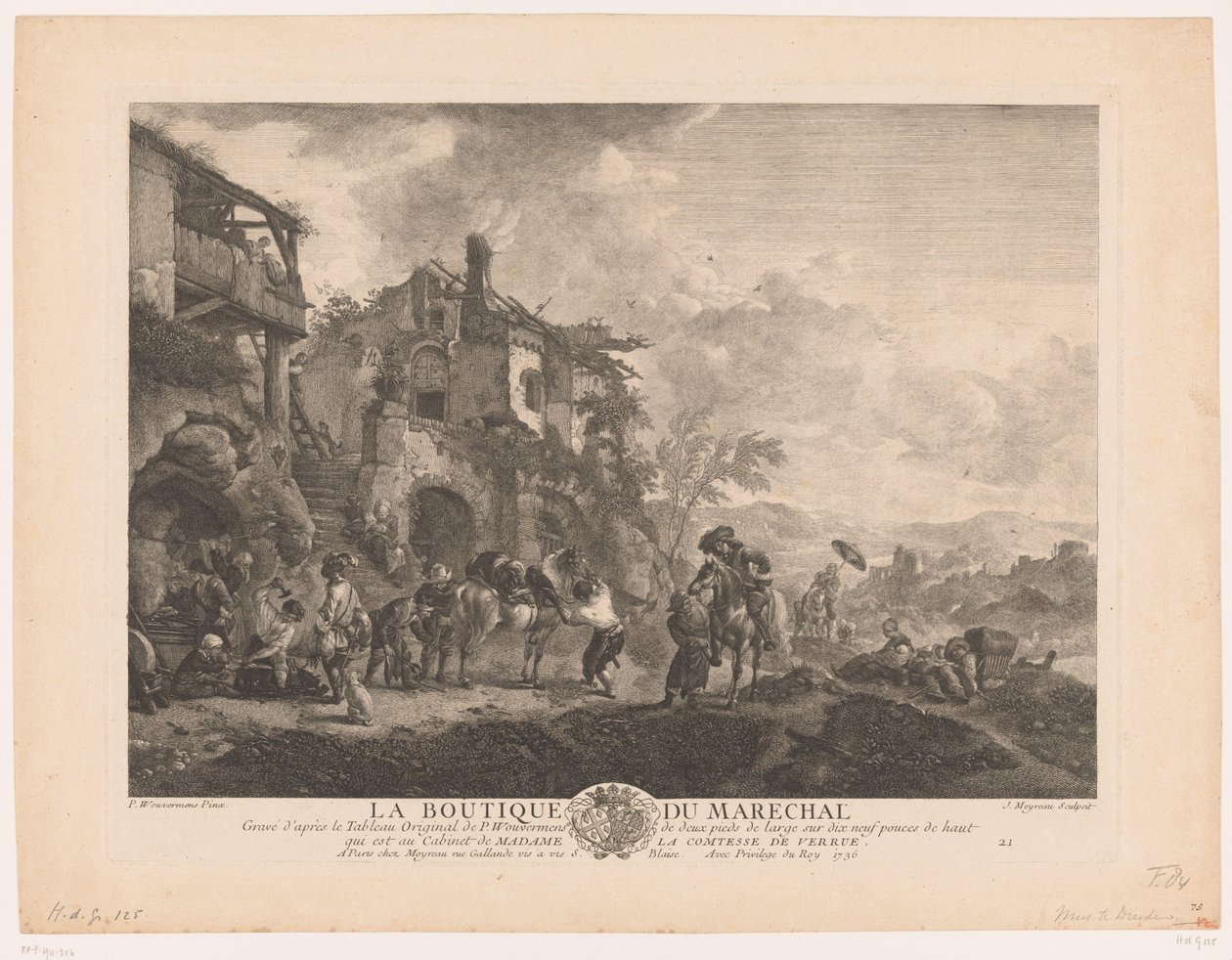 Viajantes em um ferreiro La boutique du marechal (título no objeto) Impressões após pinturas de Philips Wouwerman (título da série) Oeuvres de Ph.pe Wouwermans Hollandois (título da série) de Jean Moyreau
