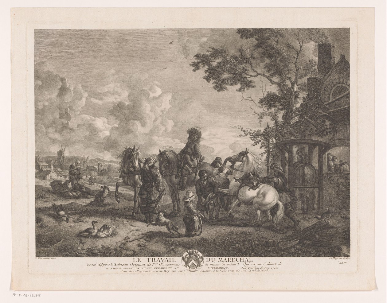 Cavaleiros em casa de um ferreiro
Le Travail du Marechal (título sobre o objecto)
Impressões após pinturas de Philips Wouwerman (título da série)
Oeuvres de Ph.pe Wouwermans Hollandois (título da série) de Jean Moyreau